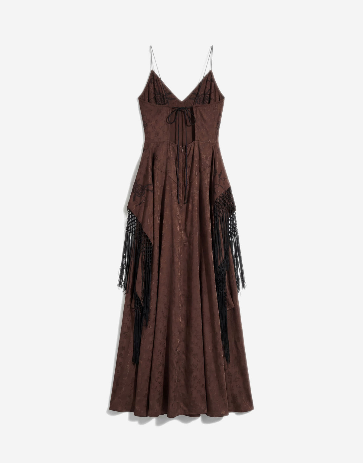 Topshop satin strappy maxi dress with jacquard embroidery and fringing in chocolate