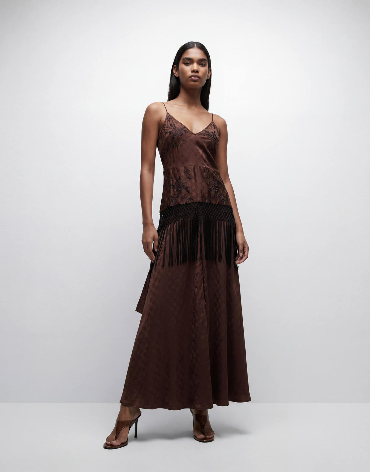 Topshop satin strappy maxi dress with jacquard embroidery and fringing in chocolate