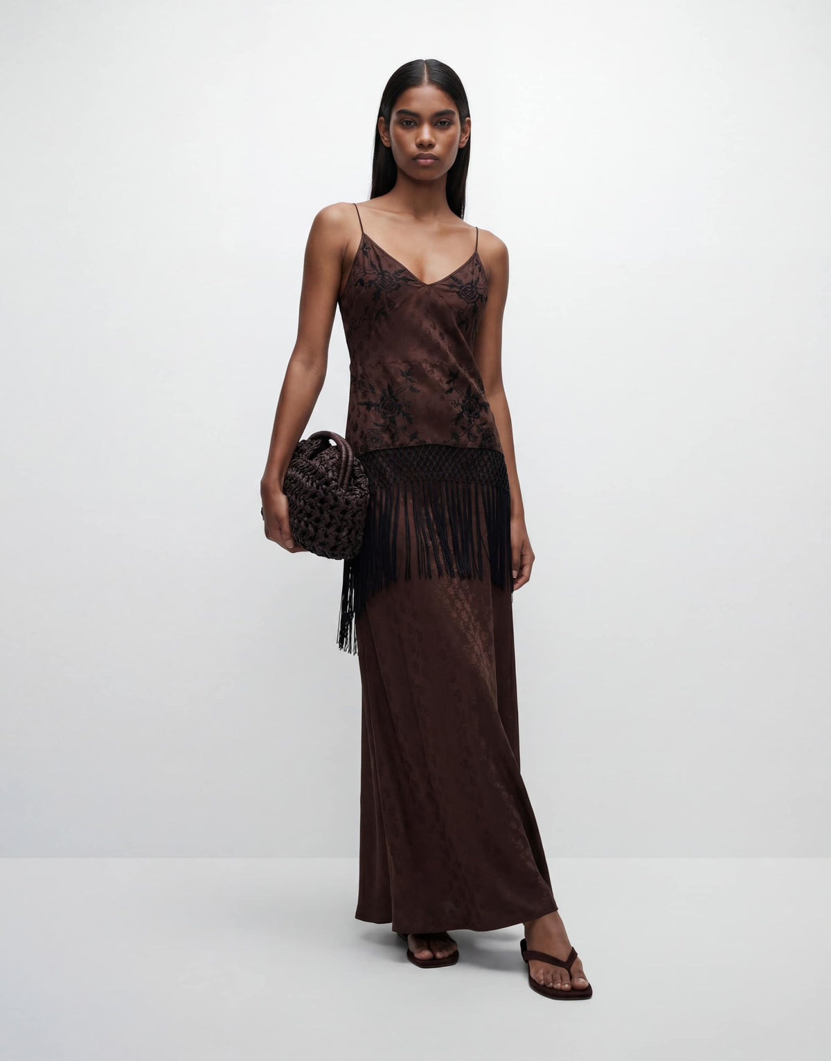 Topshop satin strappy maxi dress with jacquard embroidery and fringing in chocolate