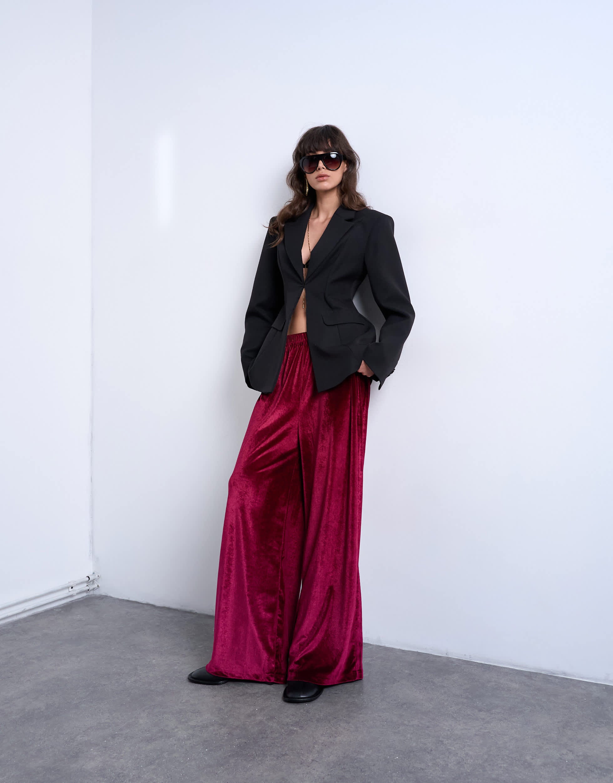 Topshop velvet wide leg pull on trouser in burgundy