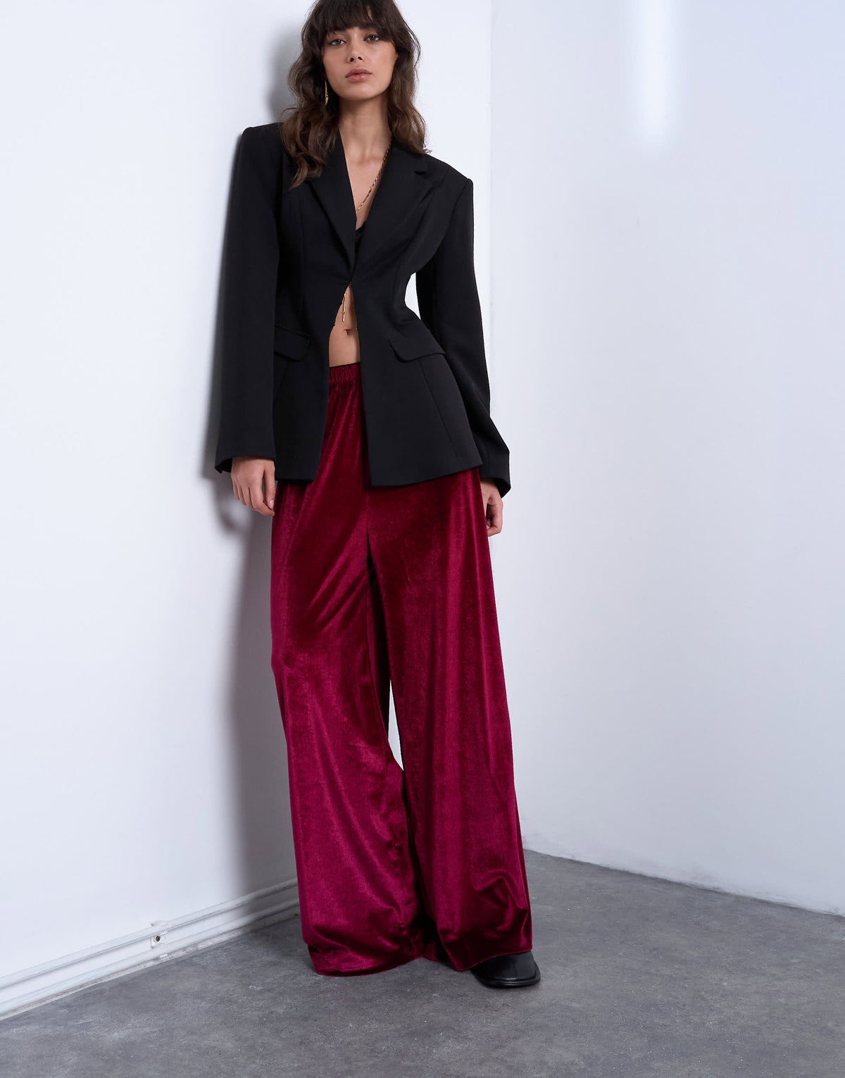 Topshop velvet wide leg pull on trouser in burgundy