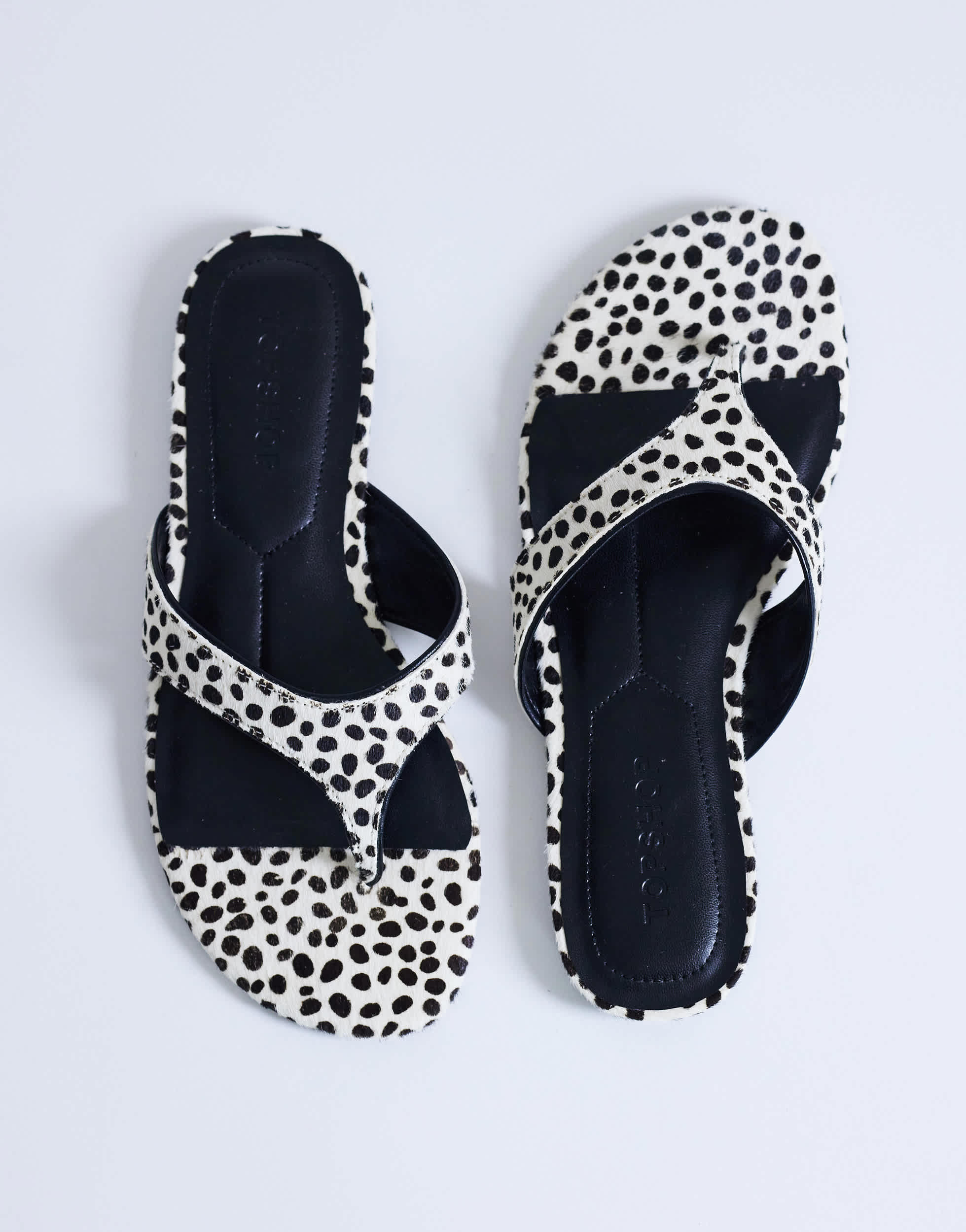 Topshop Sisi toe thong flat sandal in dalmatian print hair on real leather