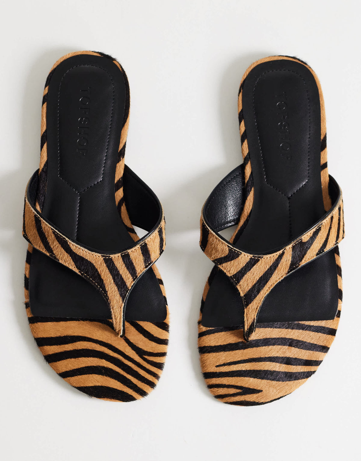 Topshop Sisi toe thong flat sandal in tiger print hair on real leather