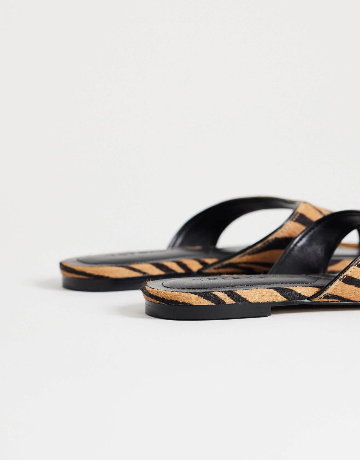 Topshop Sisi toe thong flat sandal in tiger print hair on real leather
