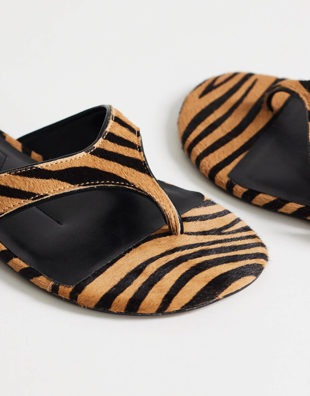 Topshop Sisi toe thong flat sandal in tiger print hair on real leather