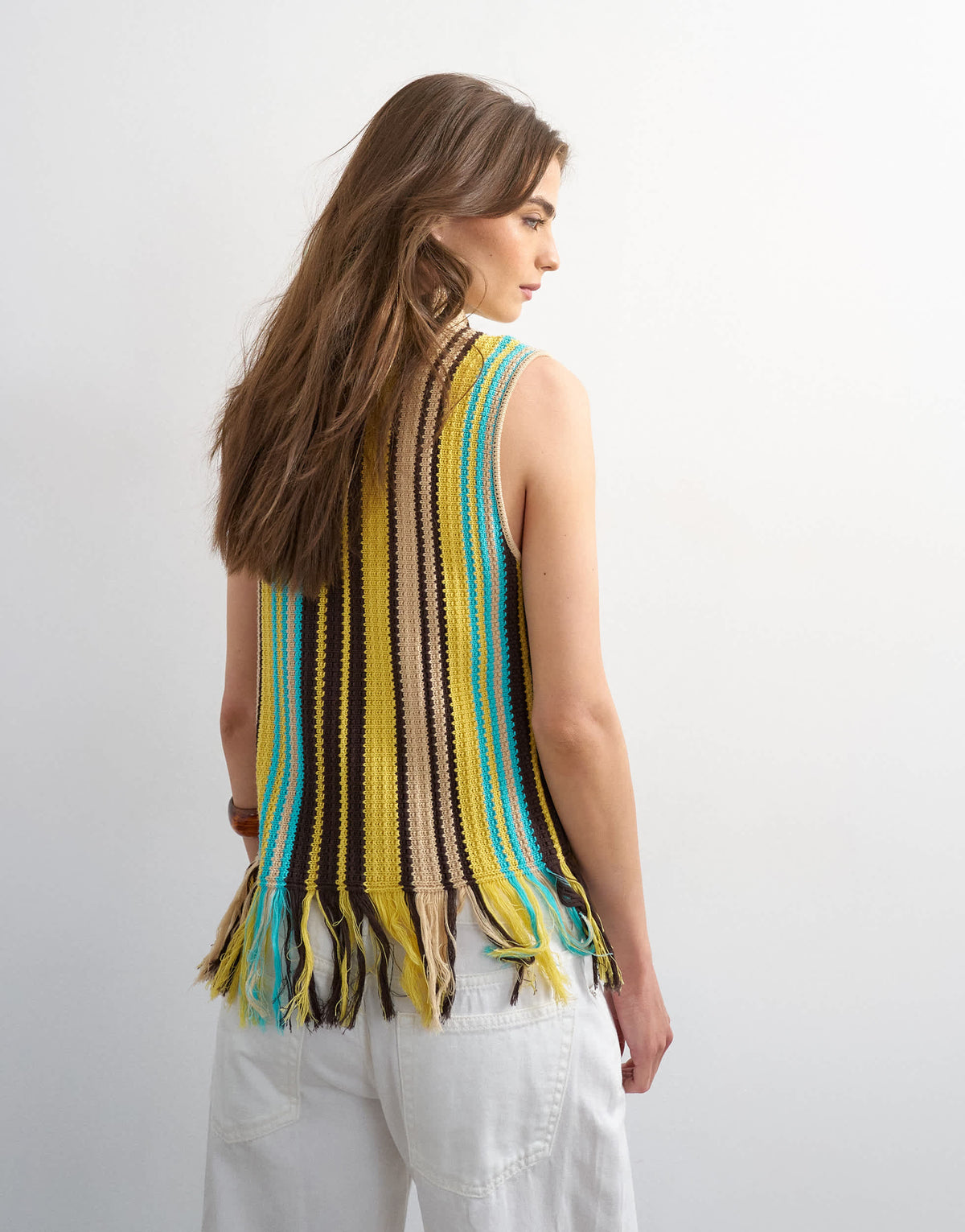 Topshop knitted stripe fringe top in yellow and brown