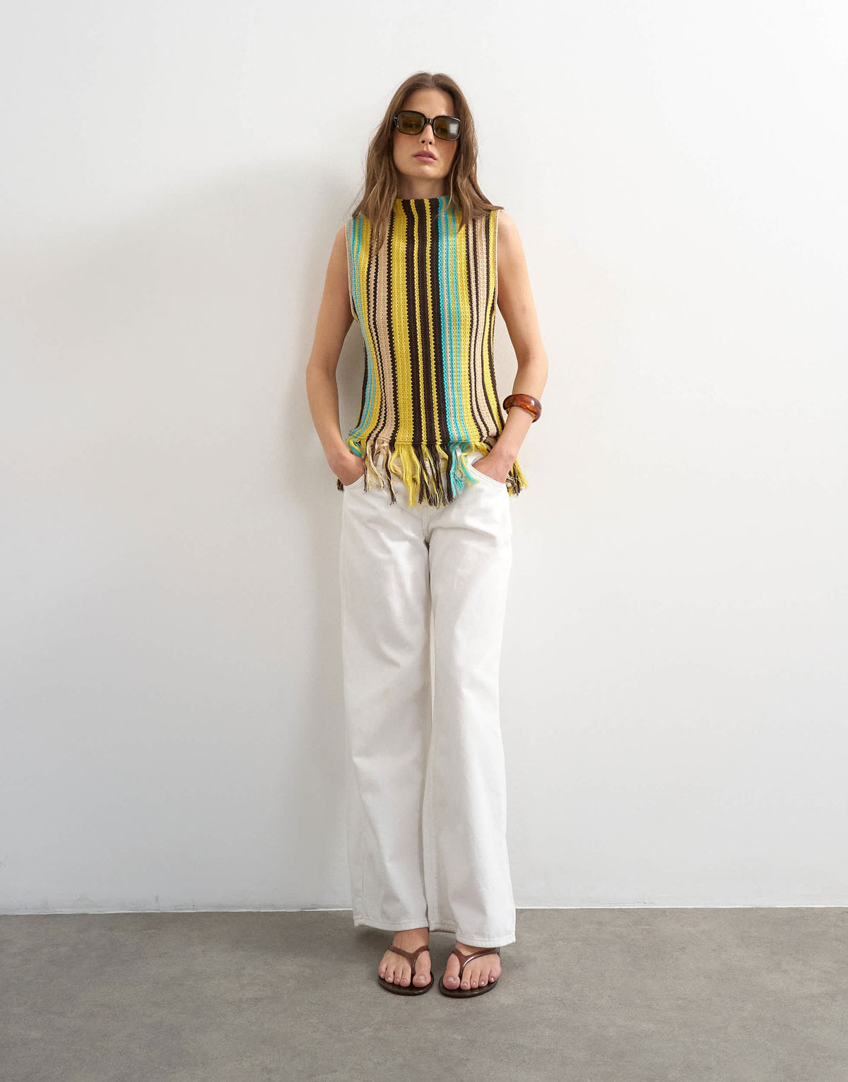 Topshop knitted stripe fringe top in yellow and brown
