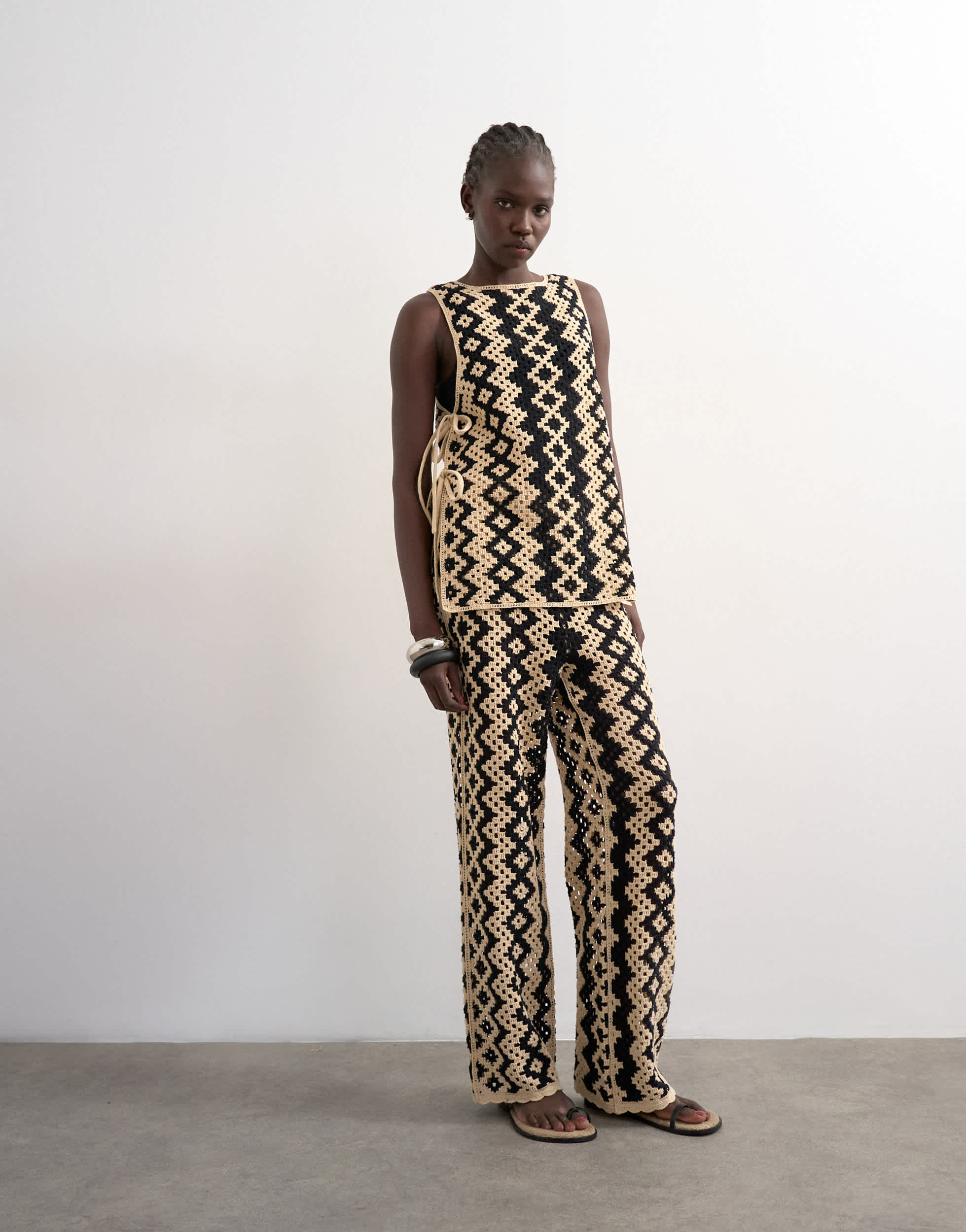 Topshop knitted patterned crochet co-ord trouser in black and beige