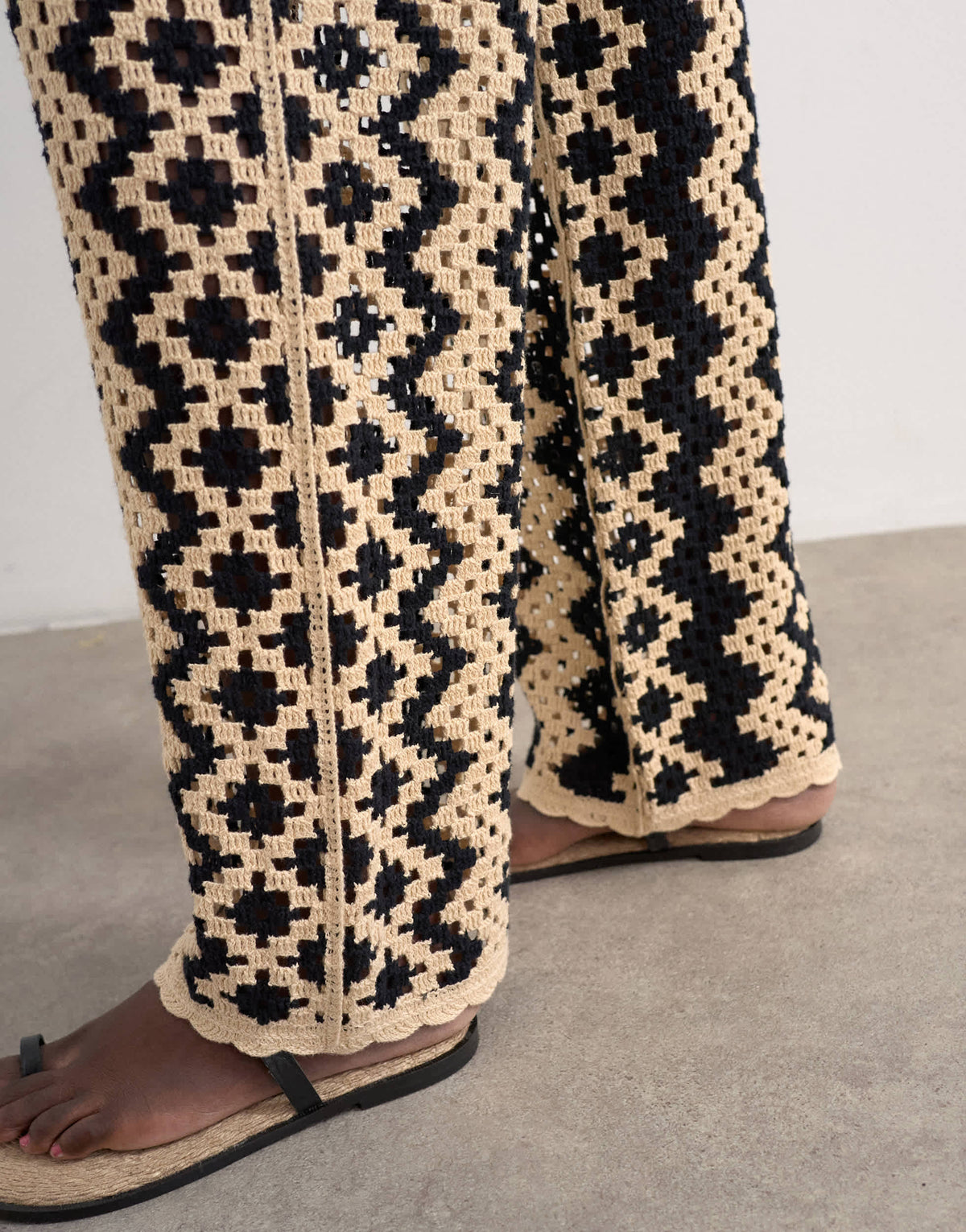 Topshop knitted patterned crochet co-ord trouser in black and beige