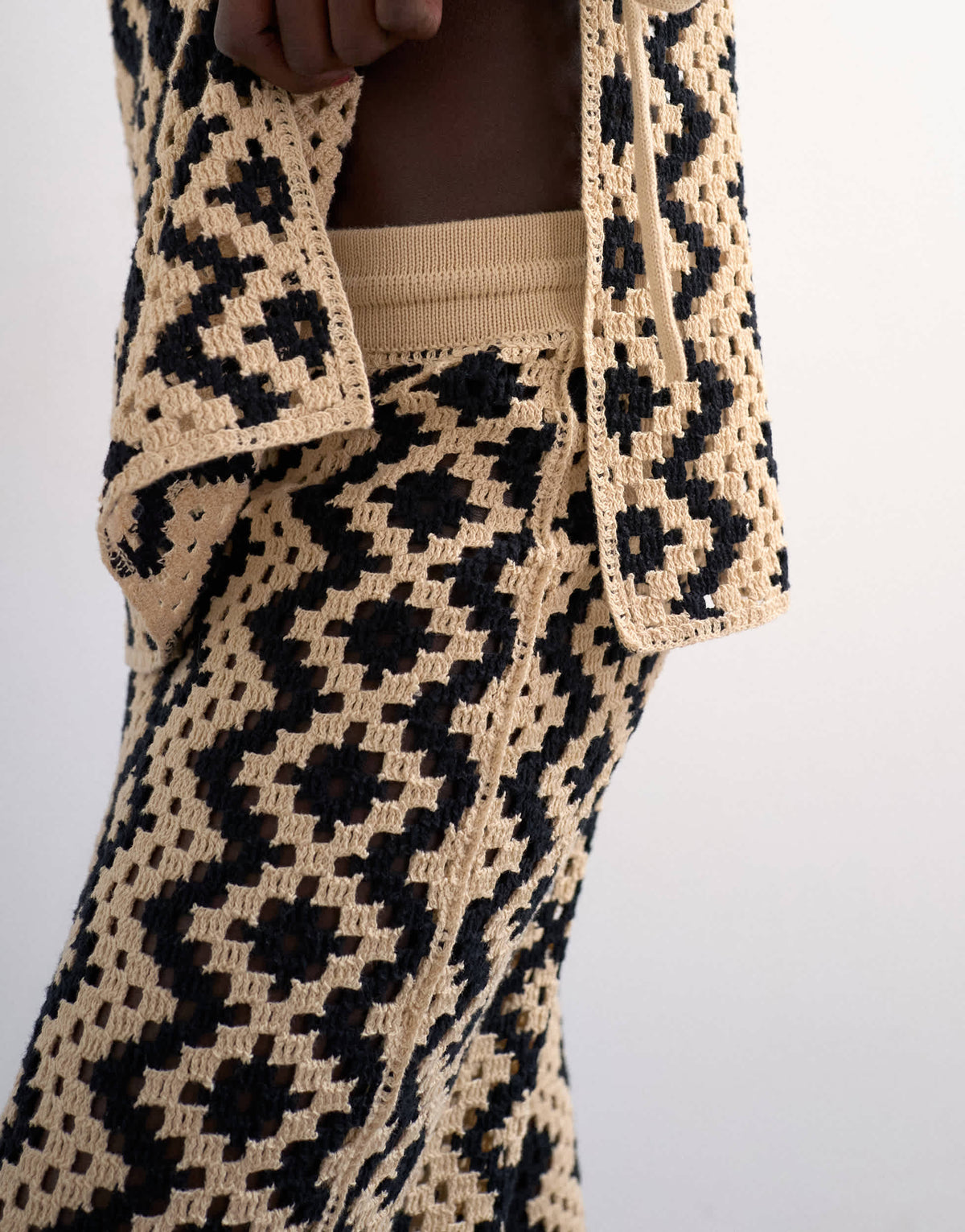Topshop knitted patterned crochet co-ord trouser in black and beige