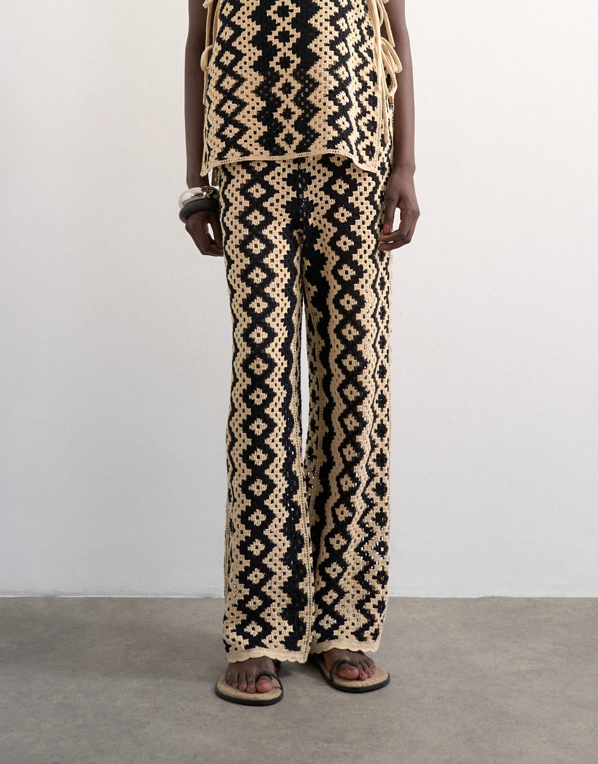 Topshop knitted patterned crochet co-ord trouser in black and beige