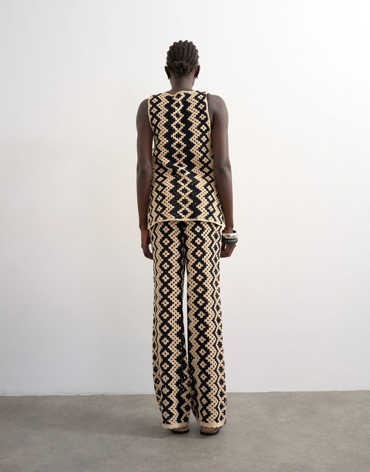 Topshop knitted patterned crochet co-ord trouser in black and beige