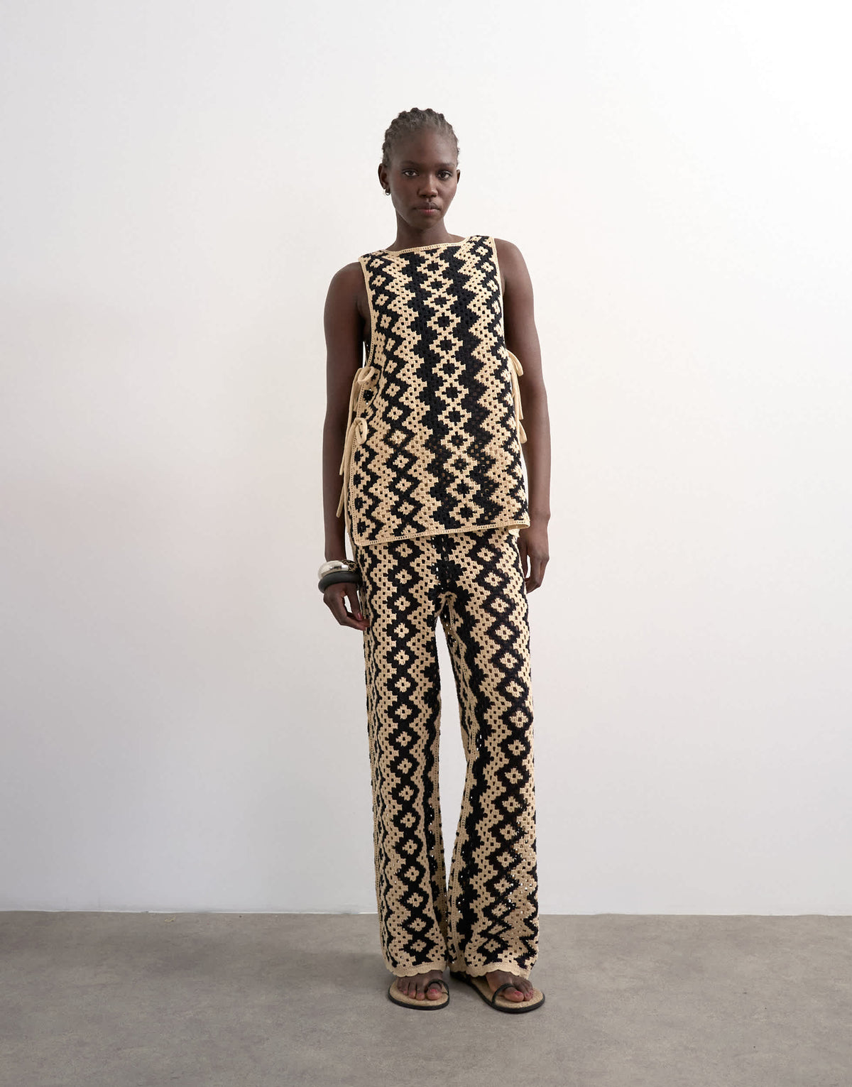Topshop knitted patterned crochet co-ord shirt in black and beige