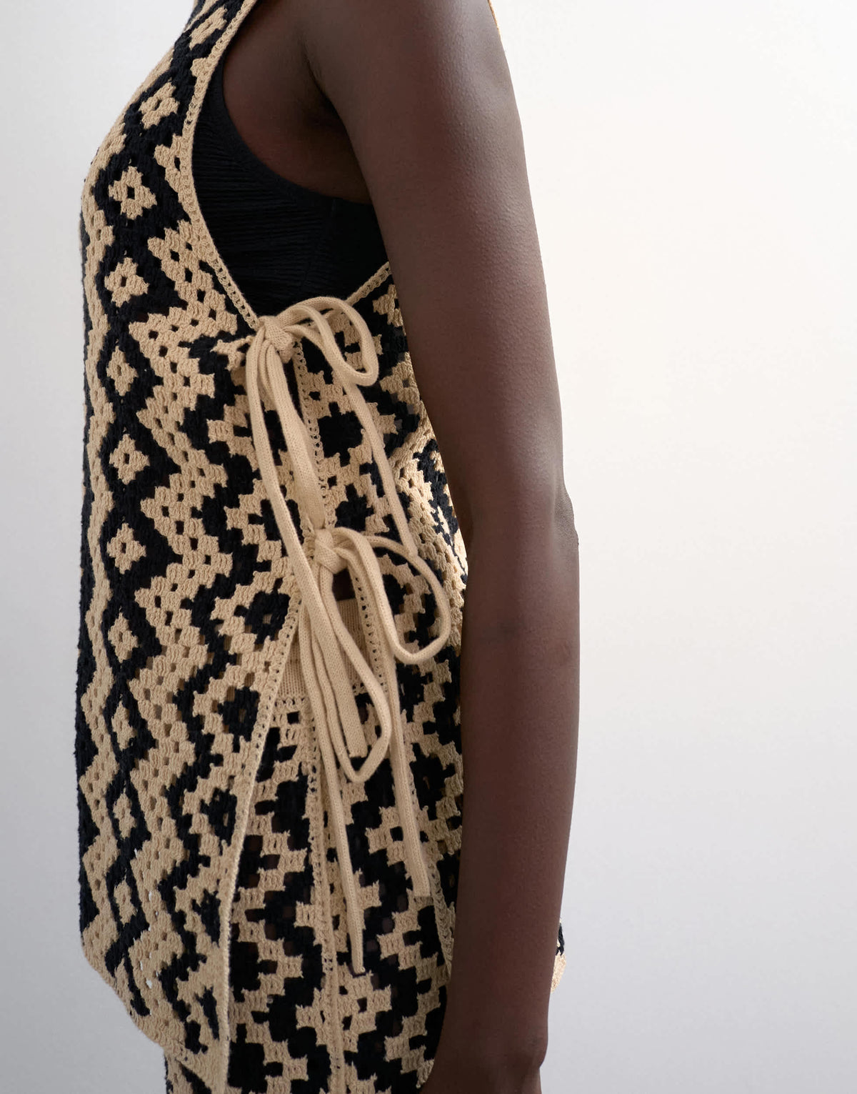 Topshop knitted patterned crochet co-ord shirt in black and beige