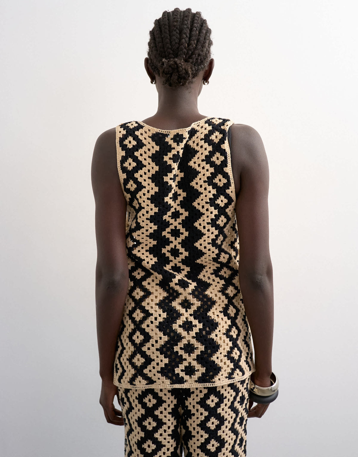 Topshop knitted patterned crochet co-ord shirt in black and beige