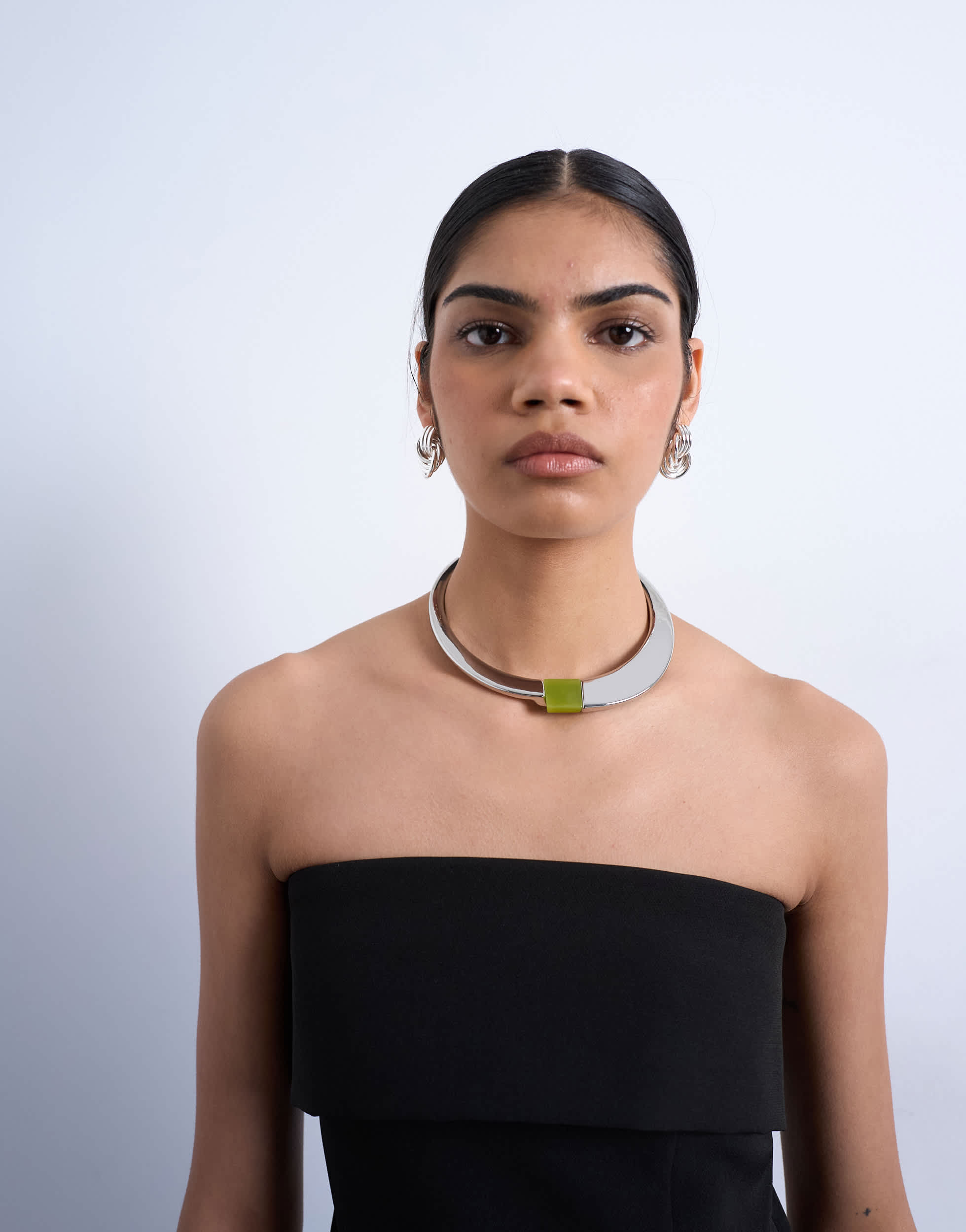 Topshop Nox hoop necklace with semi precious stone in silver & green