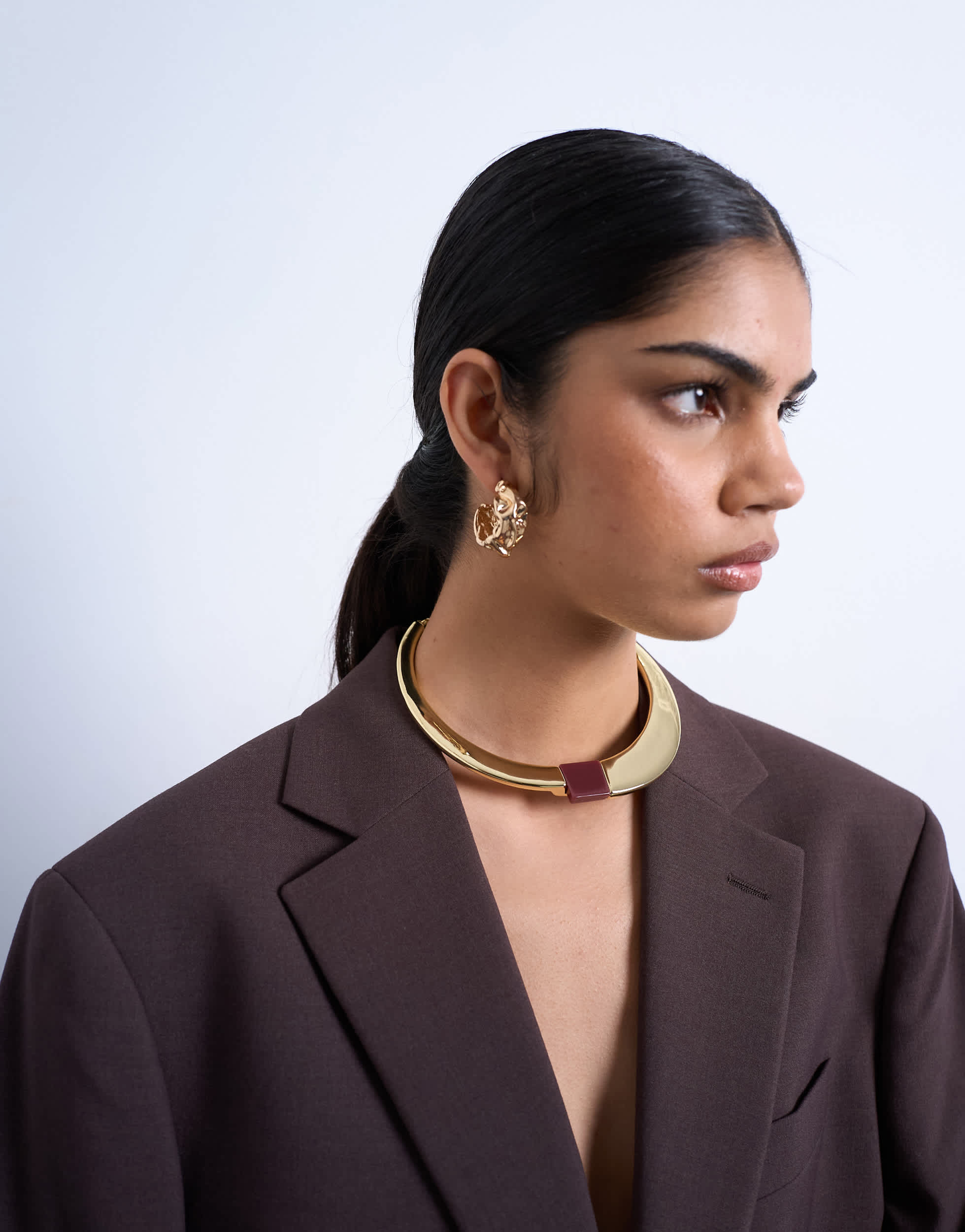 Topshop Nox hoop necklace with semi precious stone in gold & brown