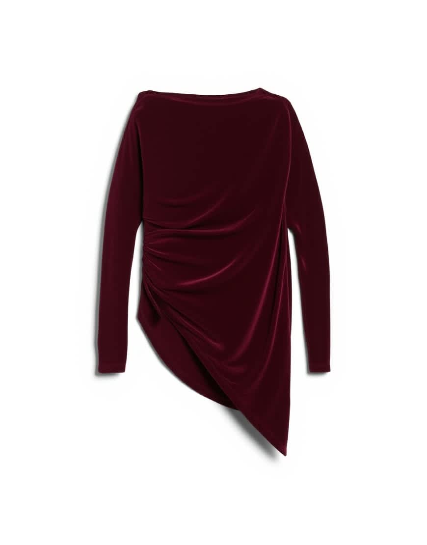 Topshop velvet off shoulder tunic long sleeve top in burgundy