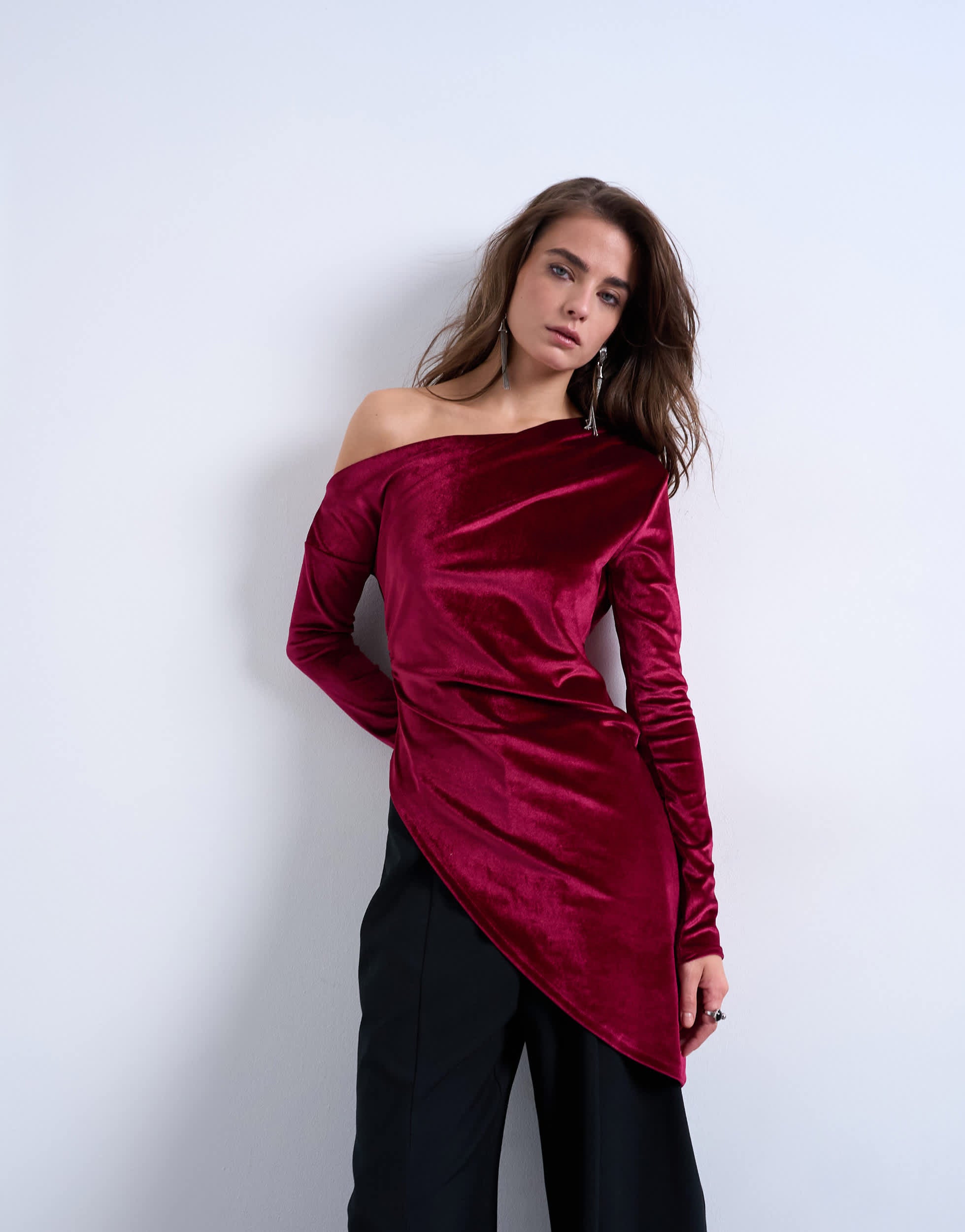 Topshop velvet off shoulder tunic long sleeve top in burgundy