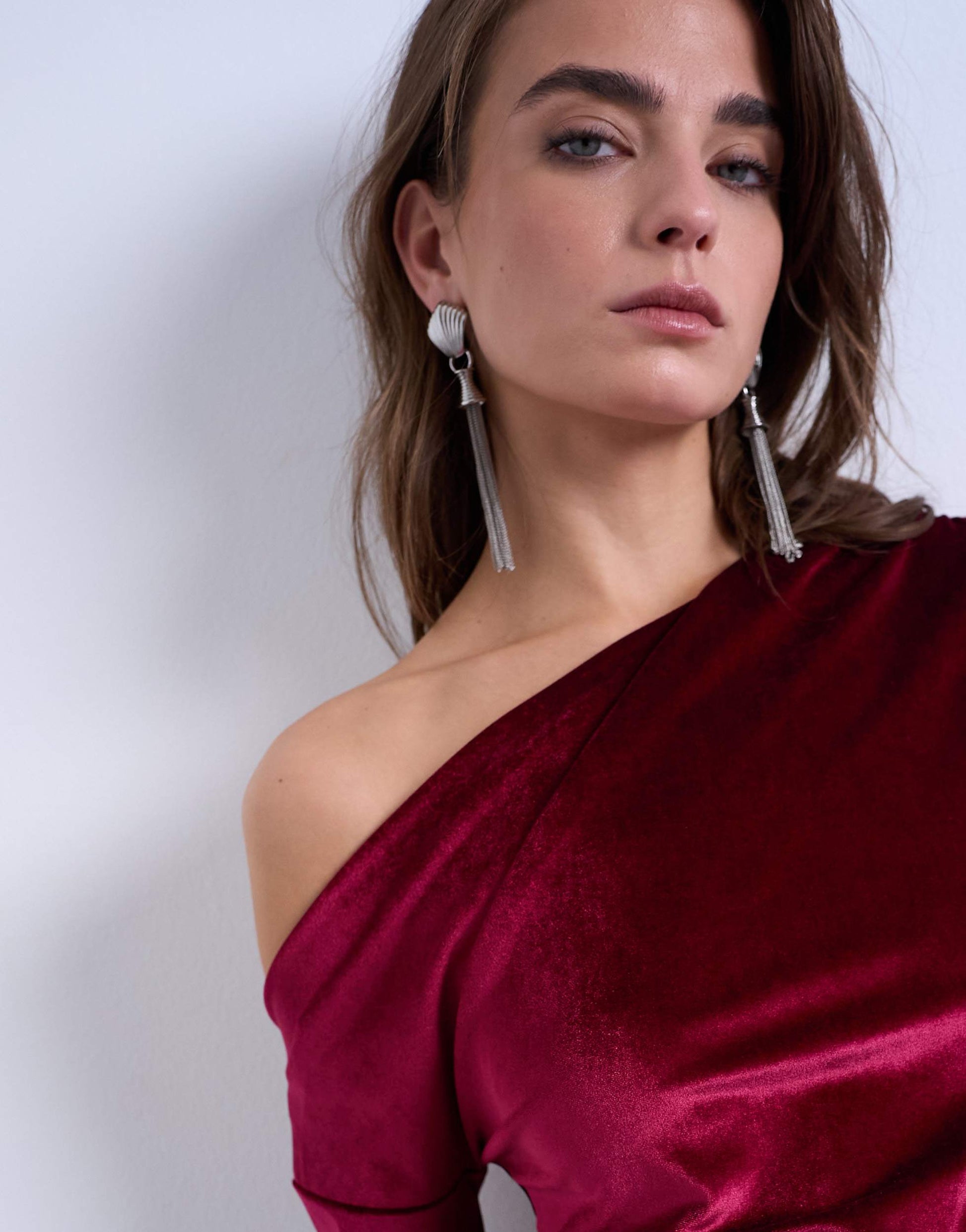 Topshop velvet off shoulder tunic long sleeve top in burgundy