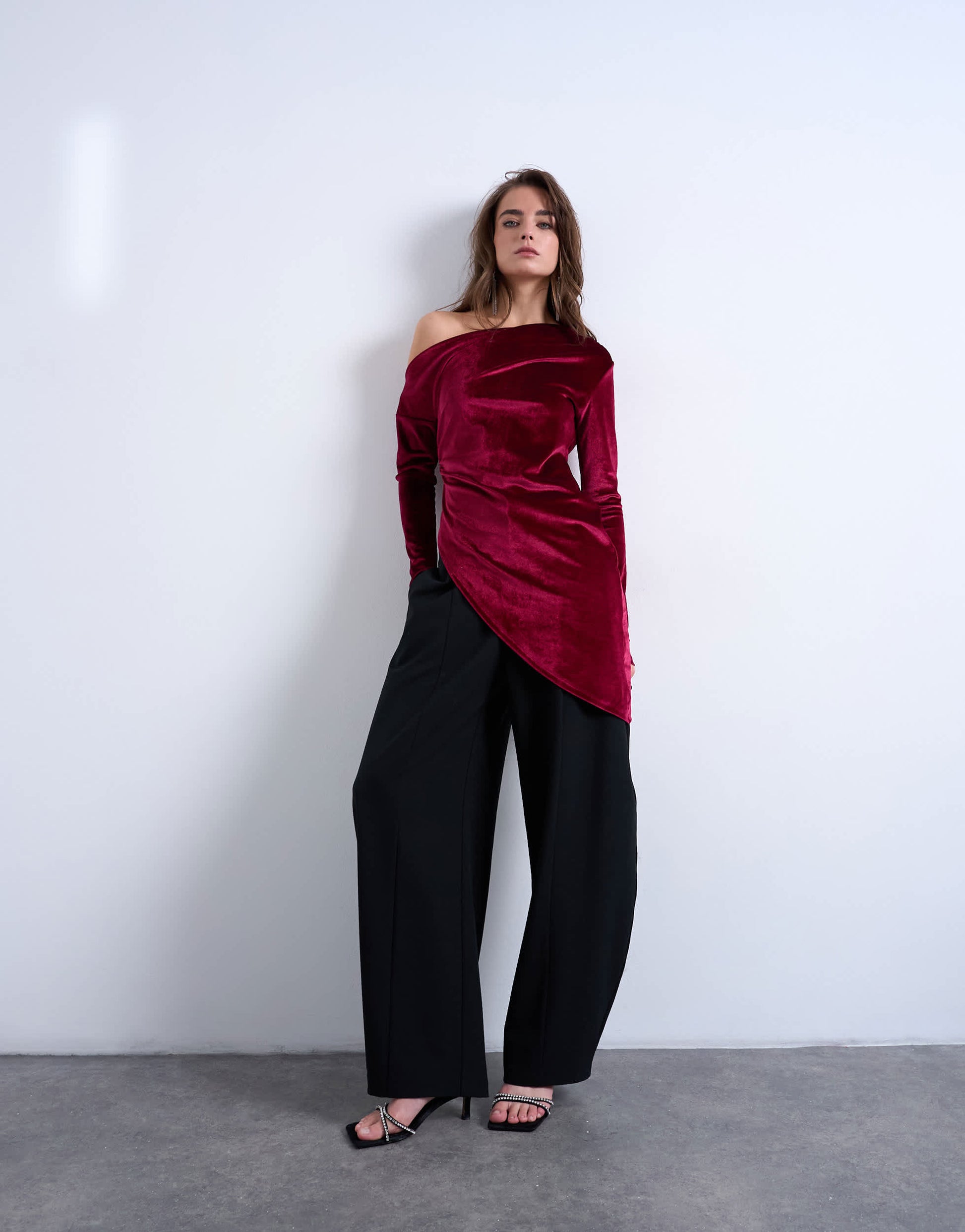 Topshop velvet off shoulder tunic long sleeve top in burgundy