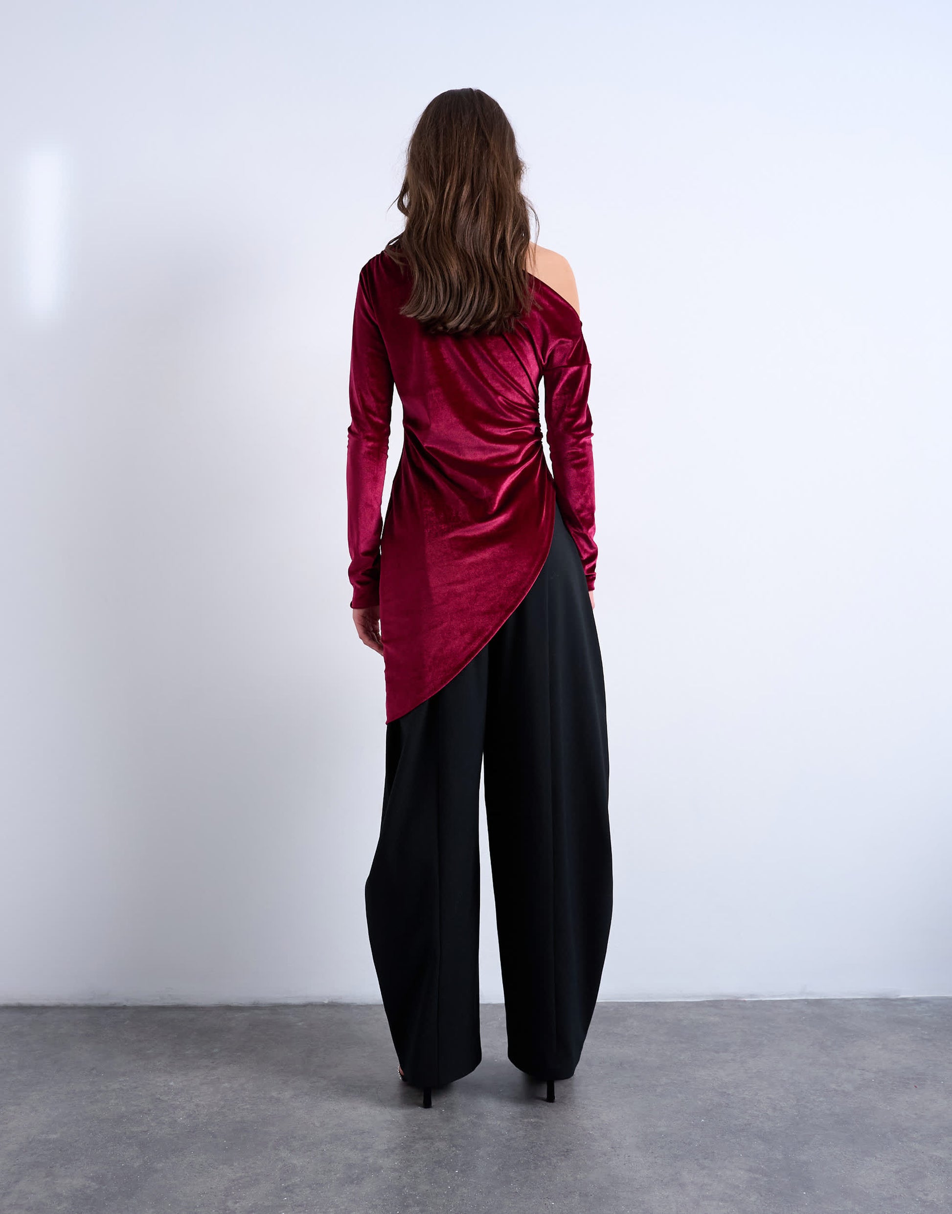 Topshop velvet off shoulder tunic long sleeve top in burgundy