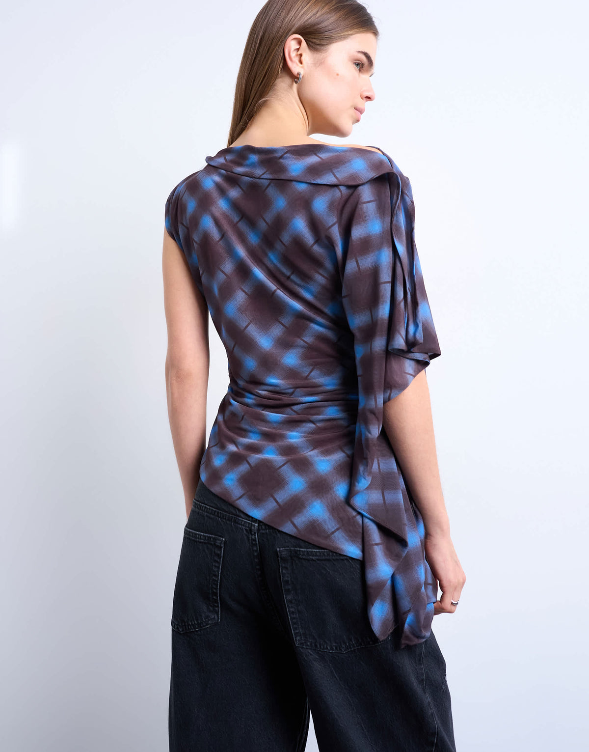 Topshop mesh check print asymmetric one sleeve top in chocolate