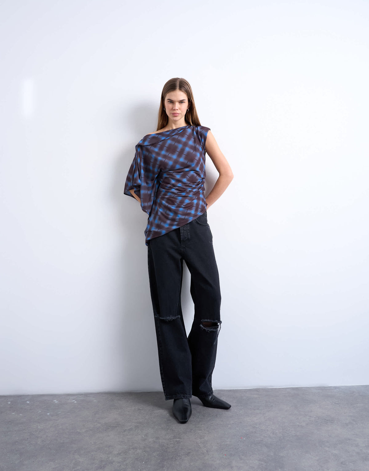 Topshop mesh check print asymmetric one sleeve top in chocolate