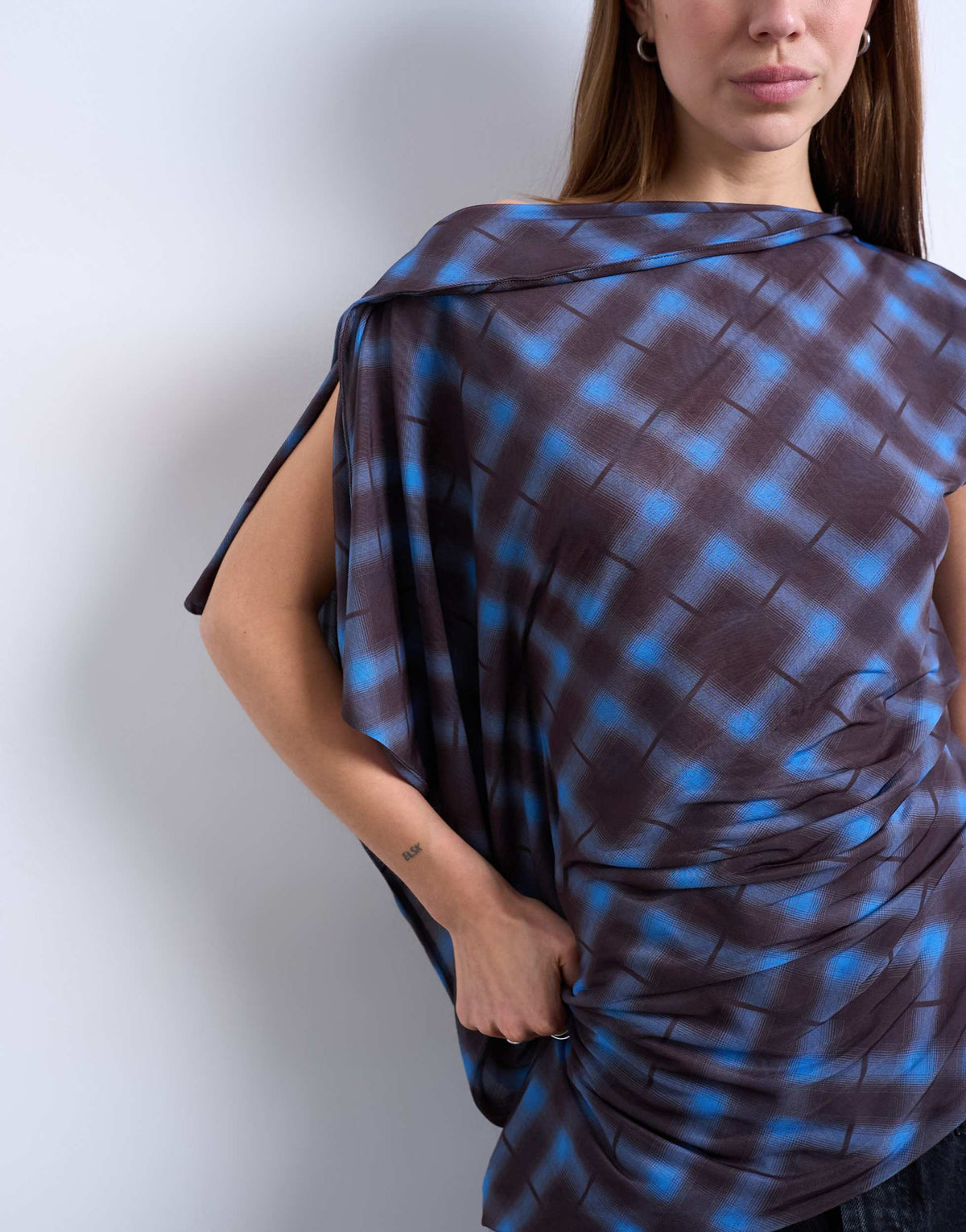Topshop mesh check print asymmetric one sleeve top in chocolate