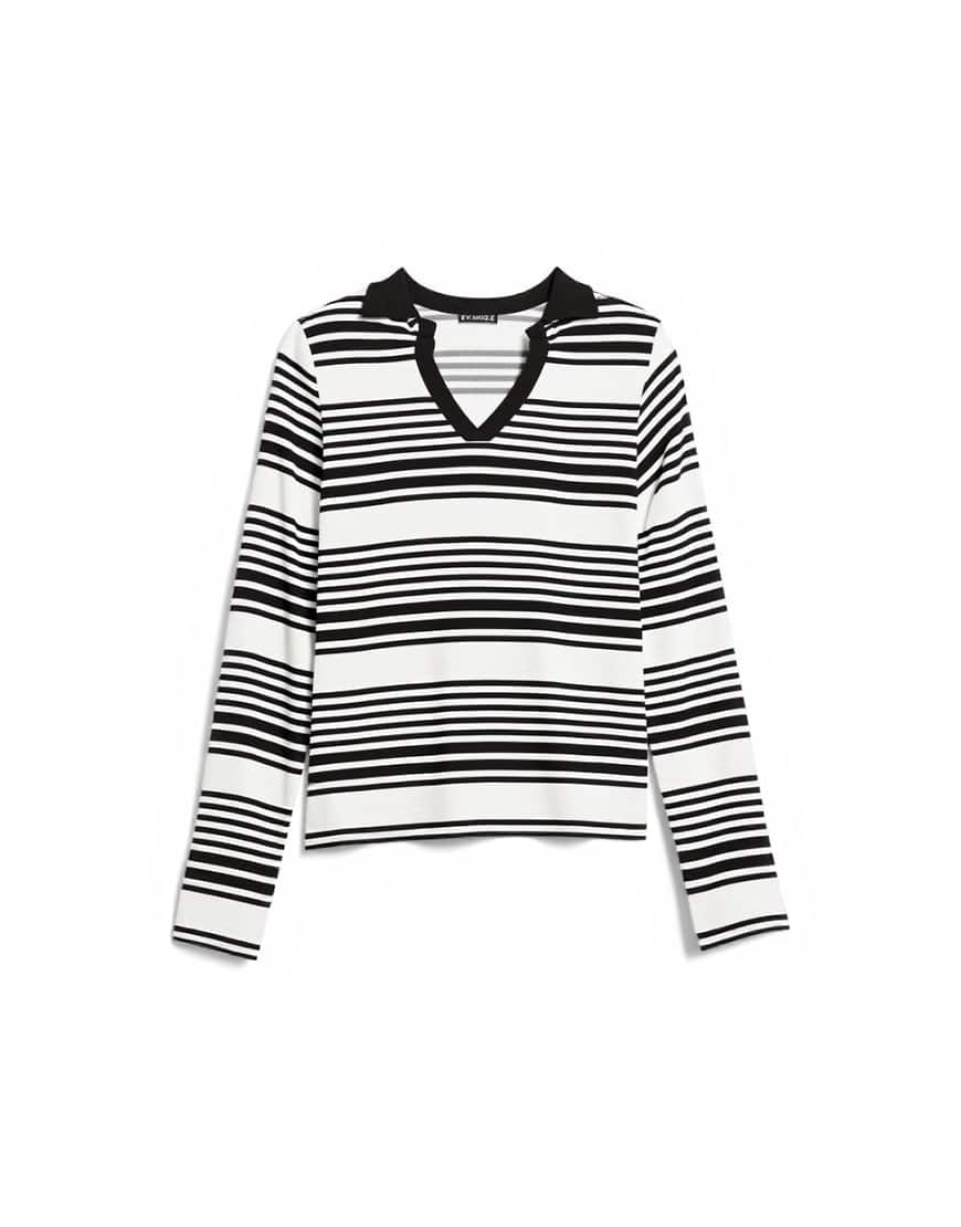 Topshop stripe v-neck polo long sleeve top in chocolate and ecru