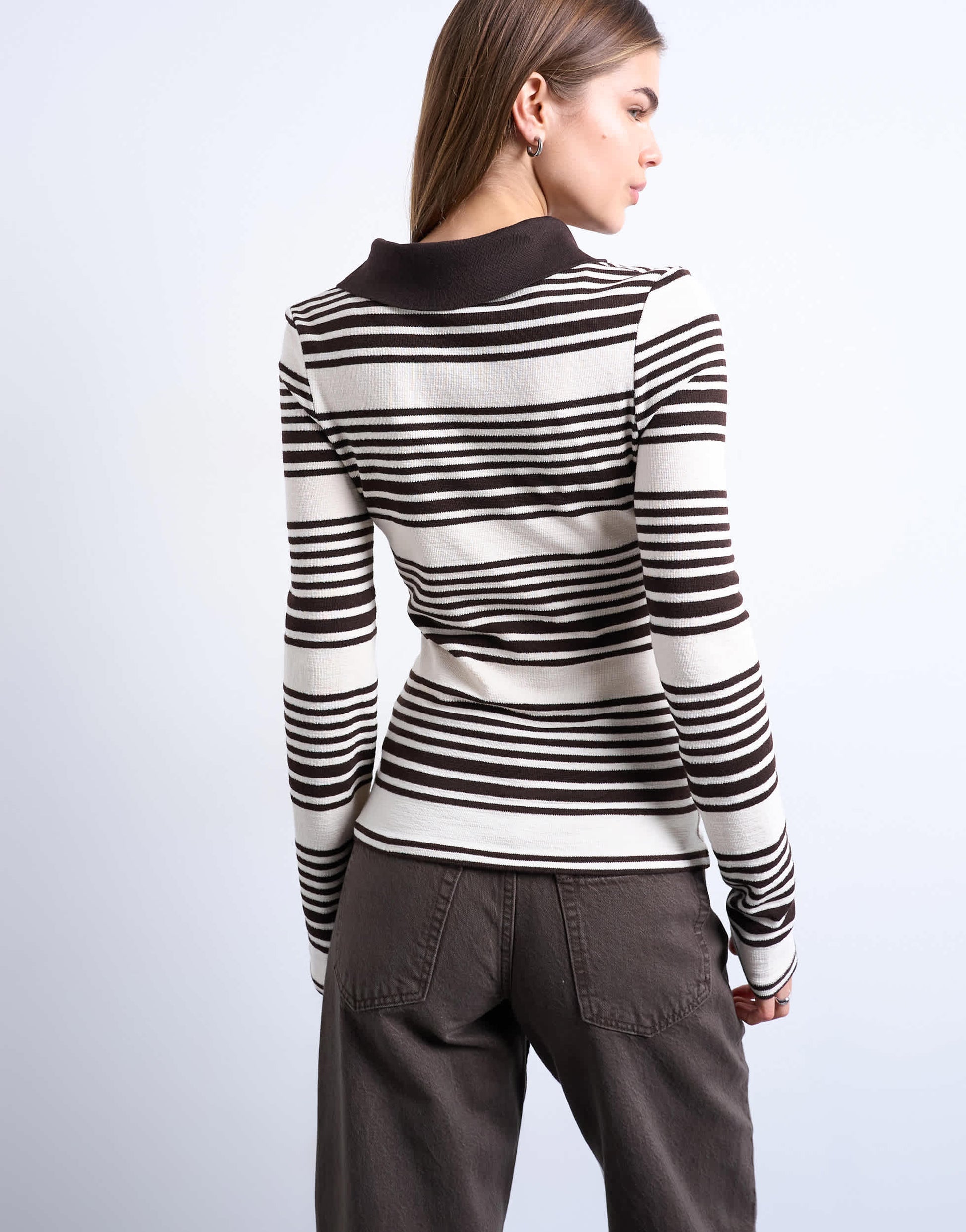 Topshop stripe v-neck polo long sleeve top in chocolate and ecru