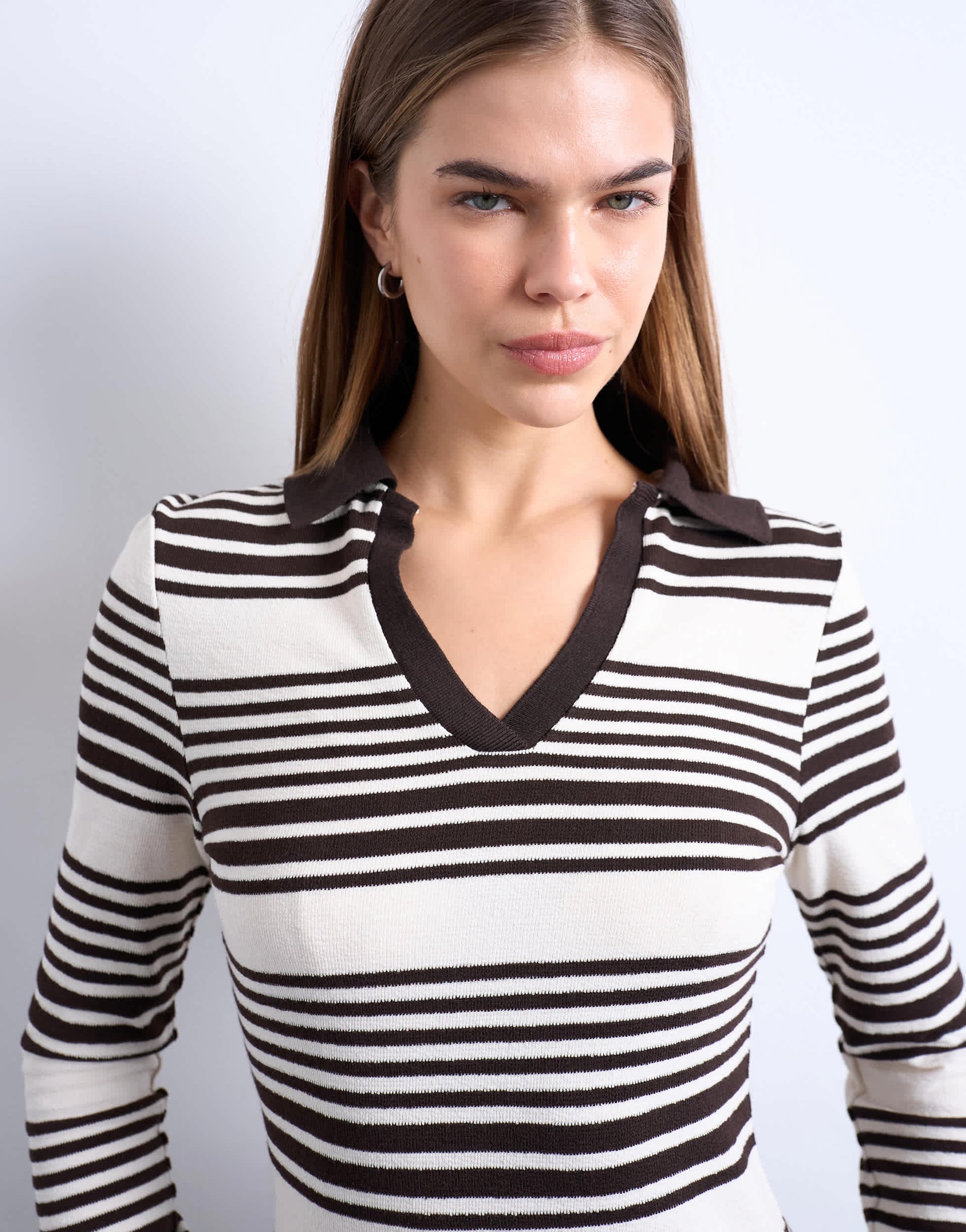 Topshop stripe v-neck polo long sleeve top in chocolate and ecru