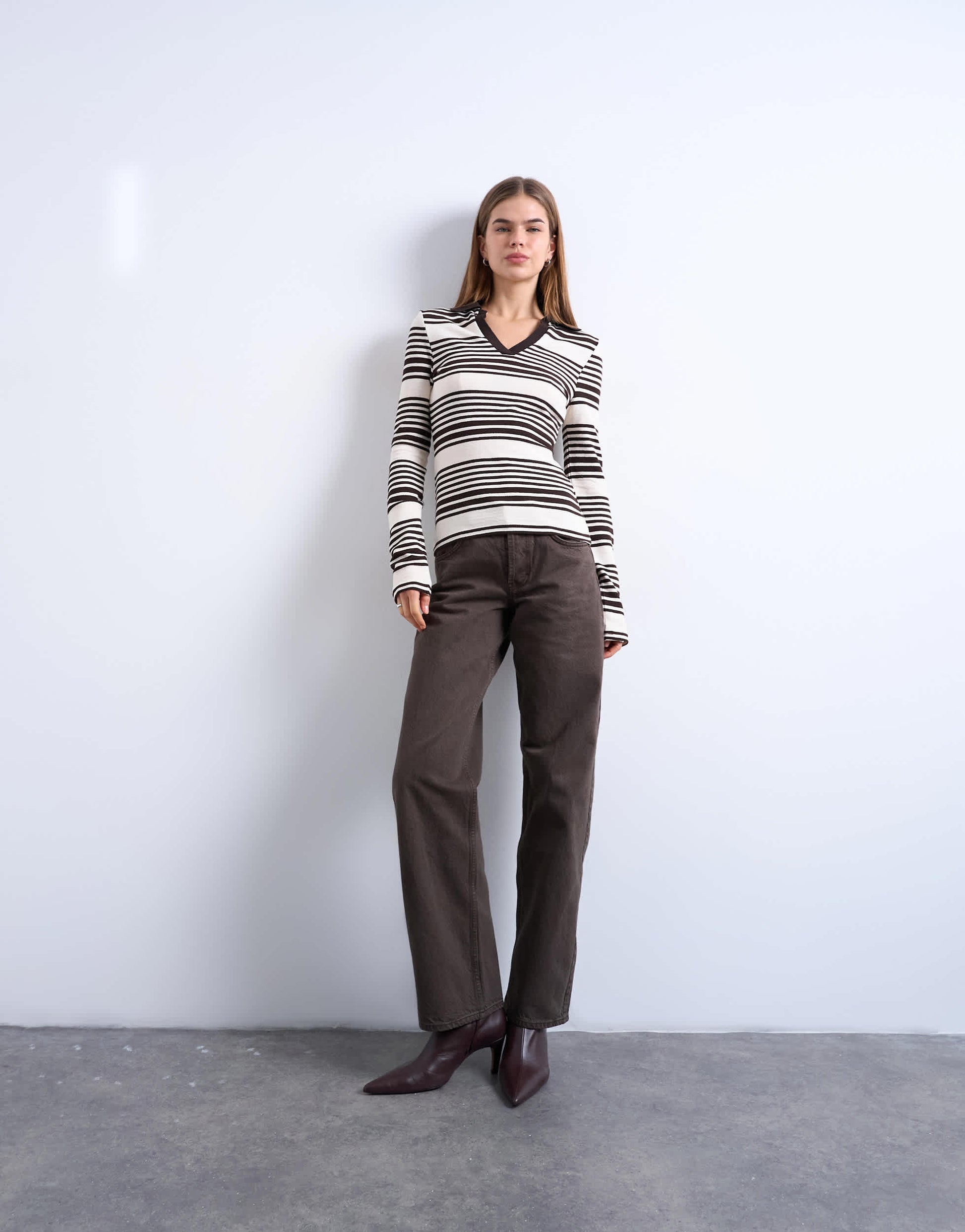 Topshop stripe v-neck polo long sleeve top in chocolate and ecru