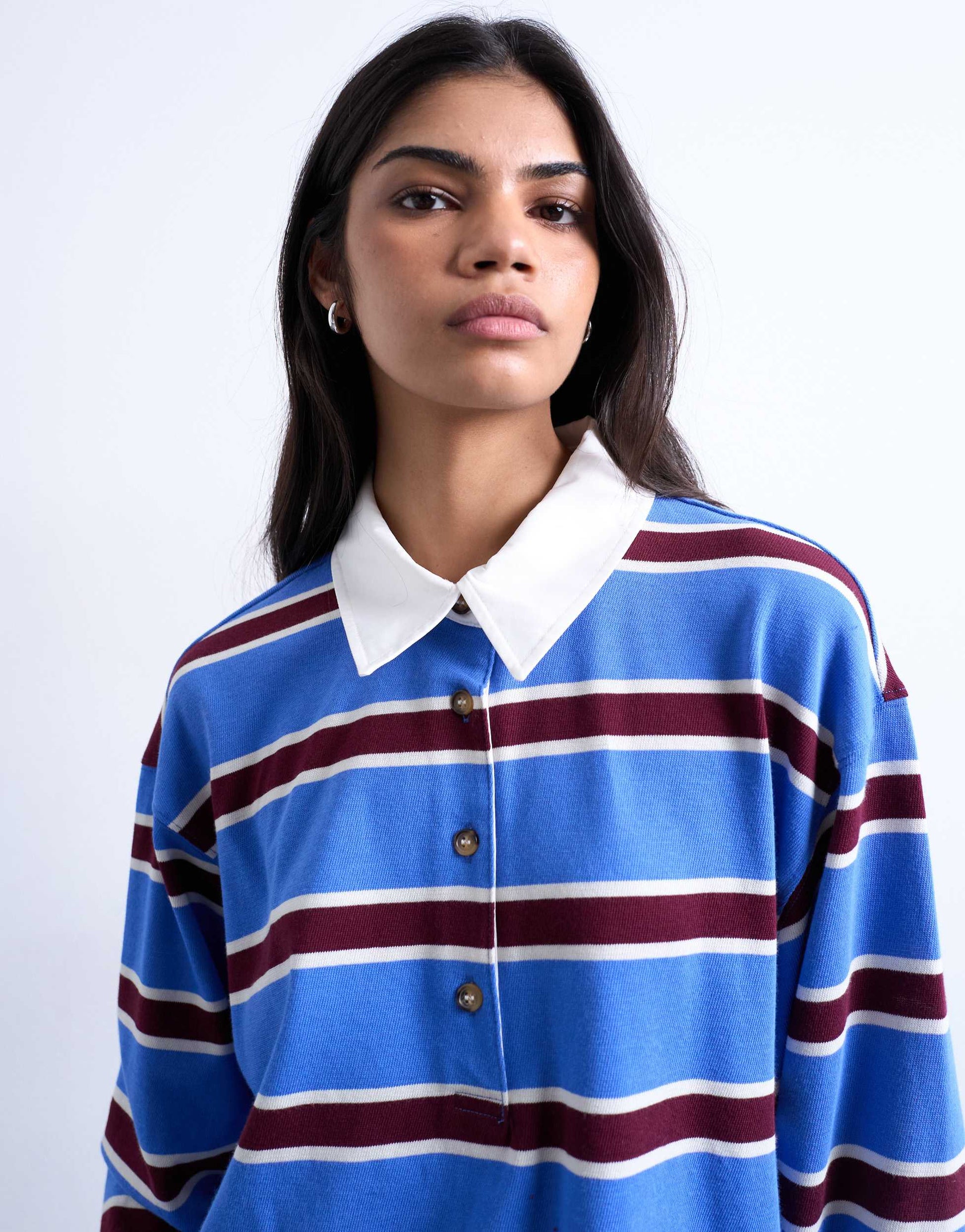Topshop stripe rugby long sleeve polo top in blue