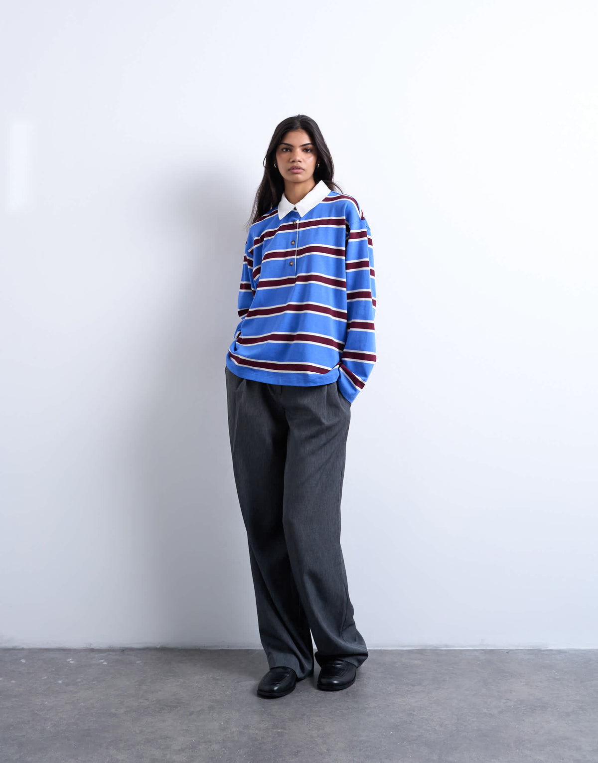 Topshop stripe rugby long sleeve polo top in blue