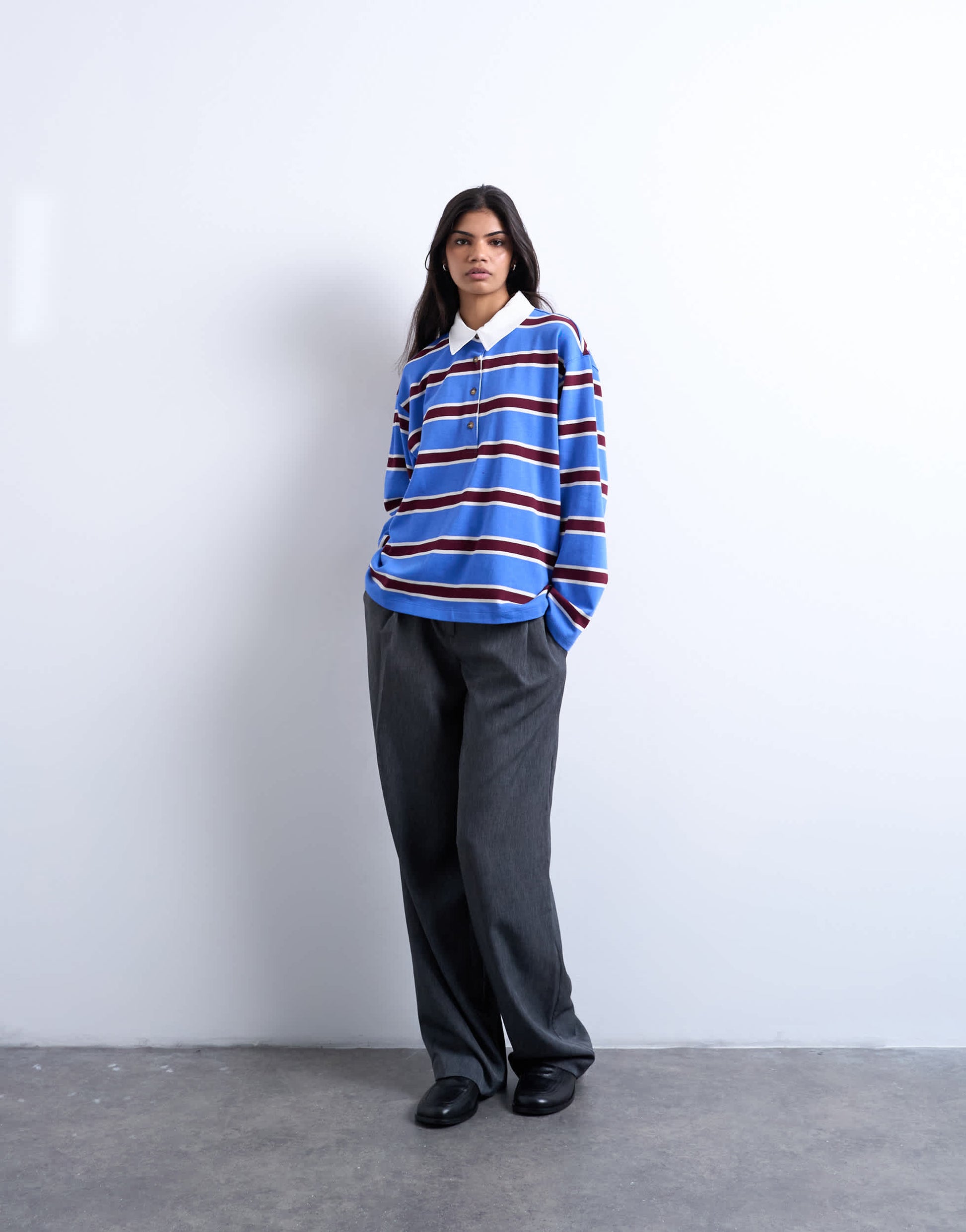 Topshop stripe rugby long sleeve polo top in blue