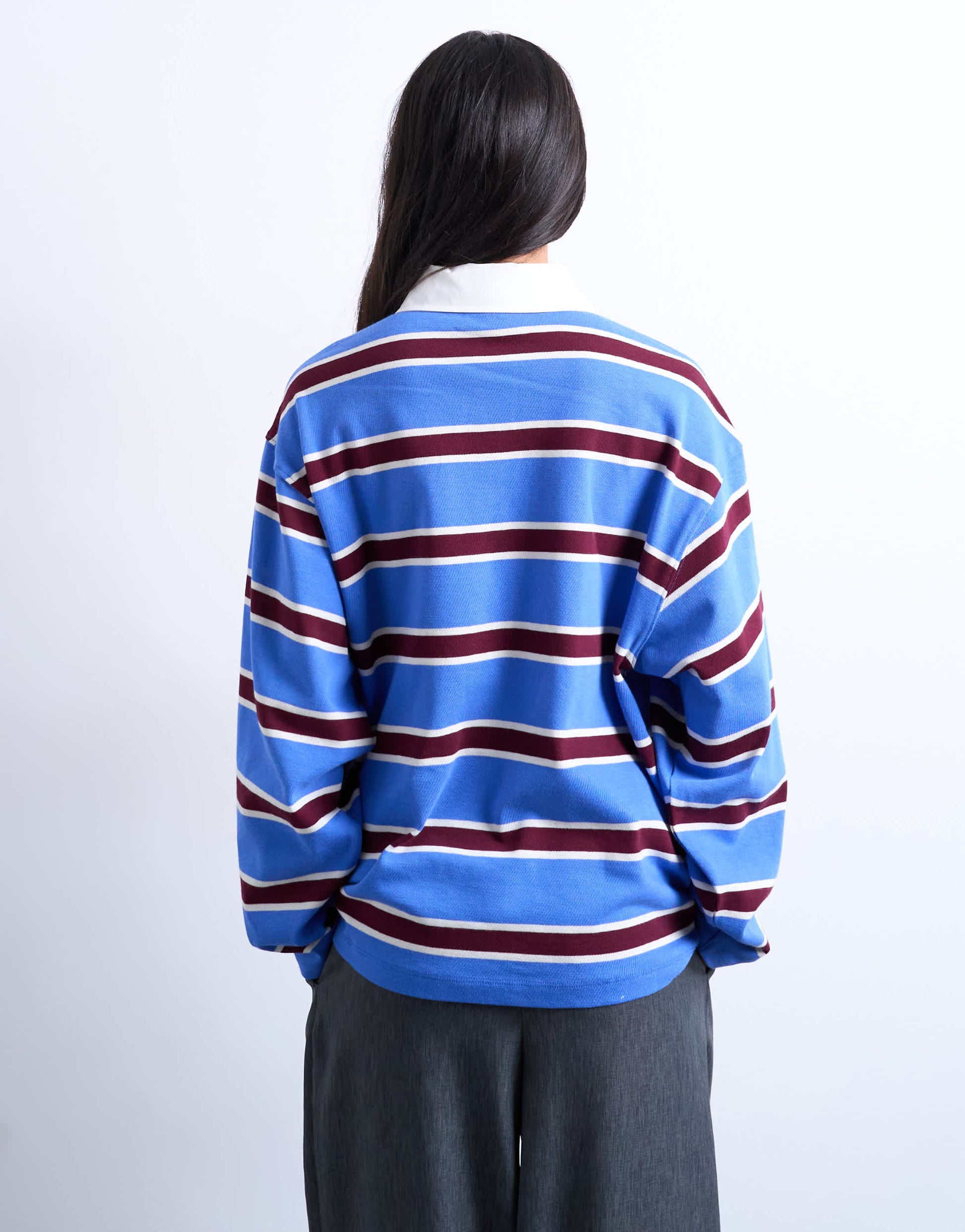 Topshop stripe rugby long sleeve polo top in blue