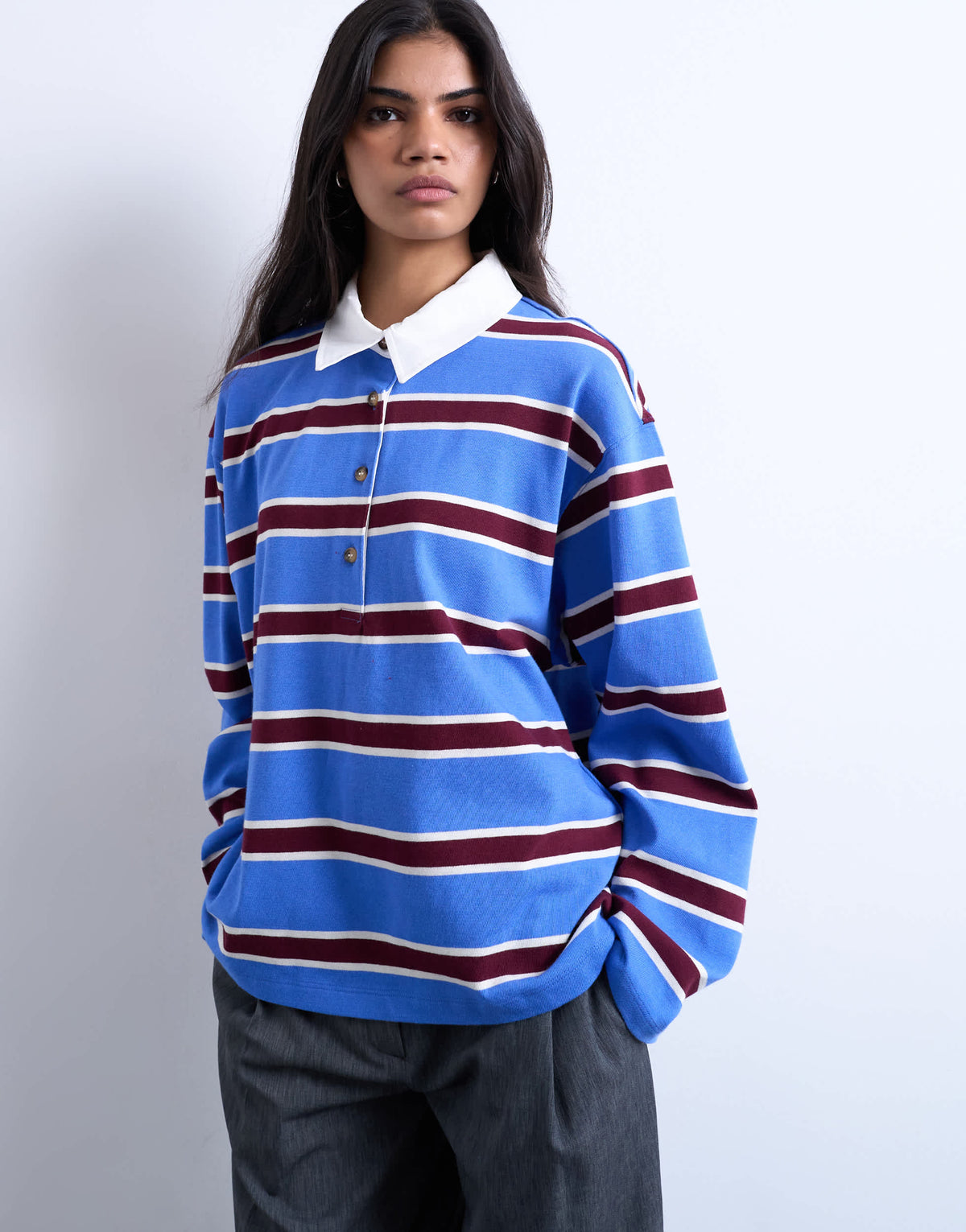 Topshop stripe rugby long sleeve polo top in blue