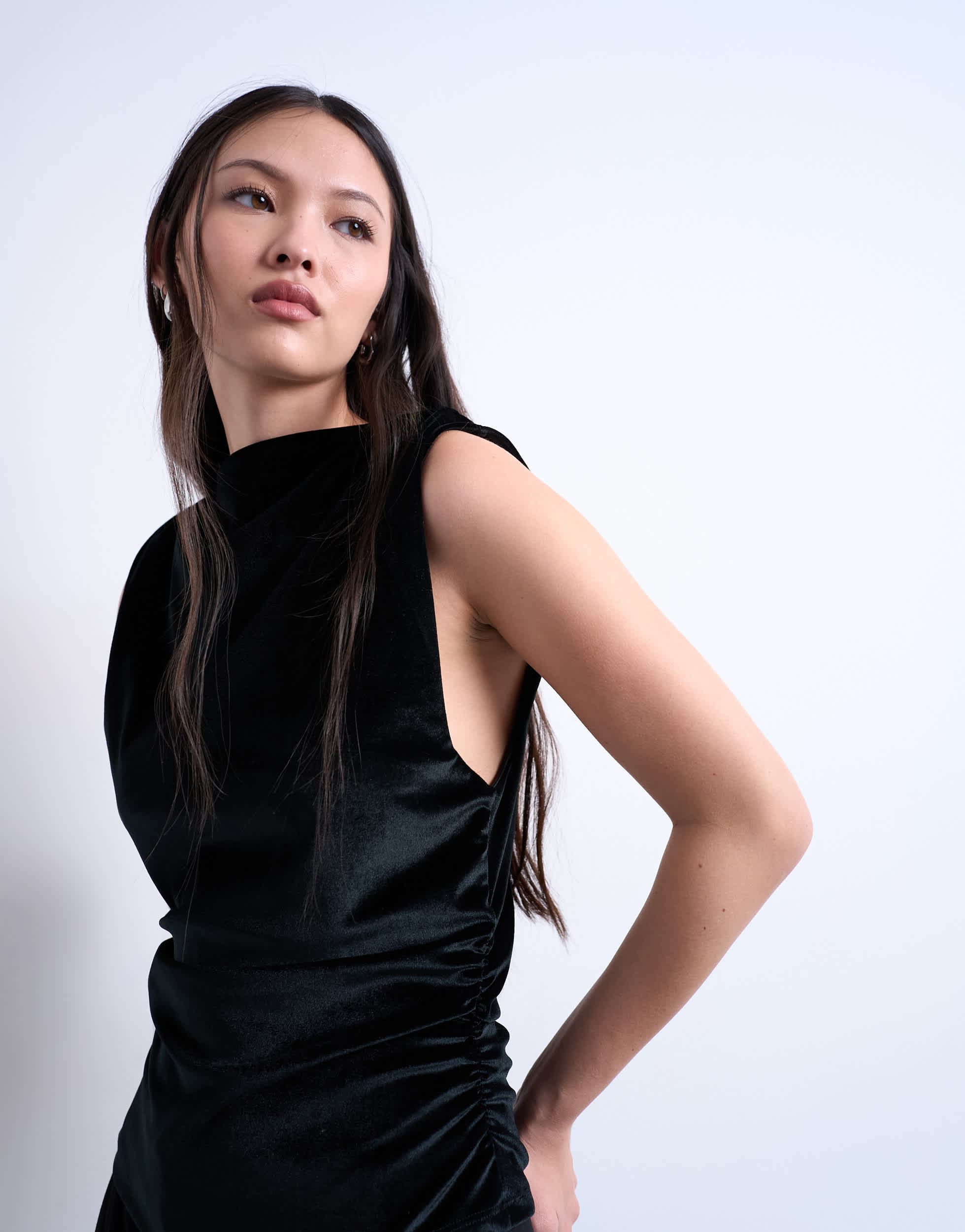 Topshop velvet drop armhole ruched side top in black