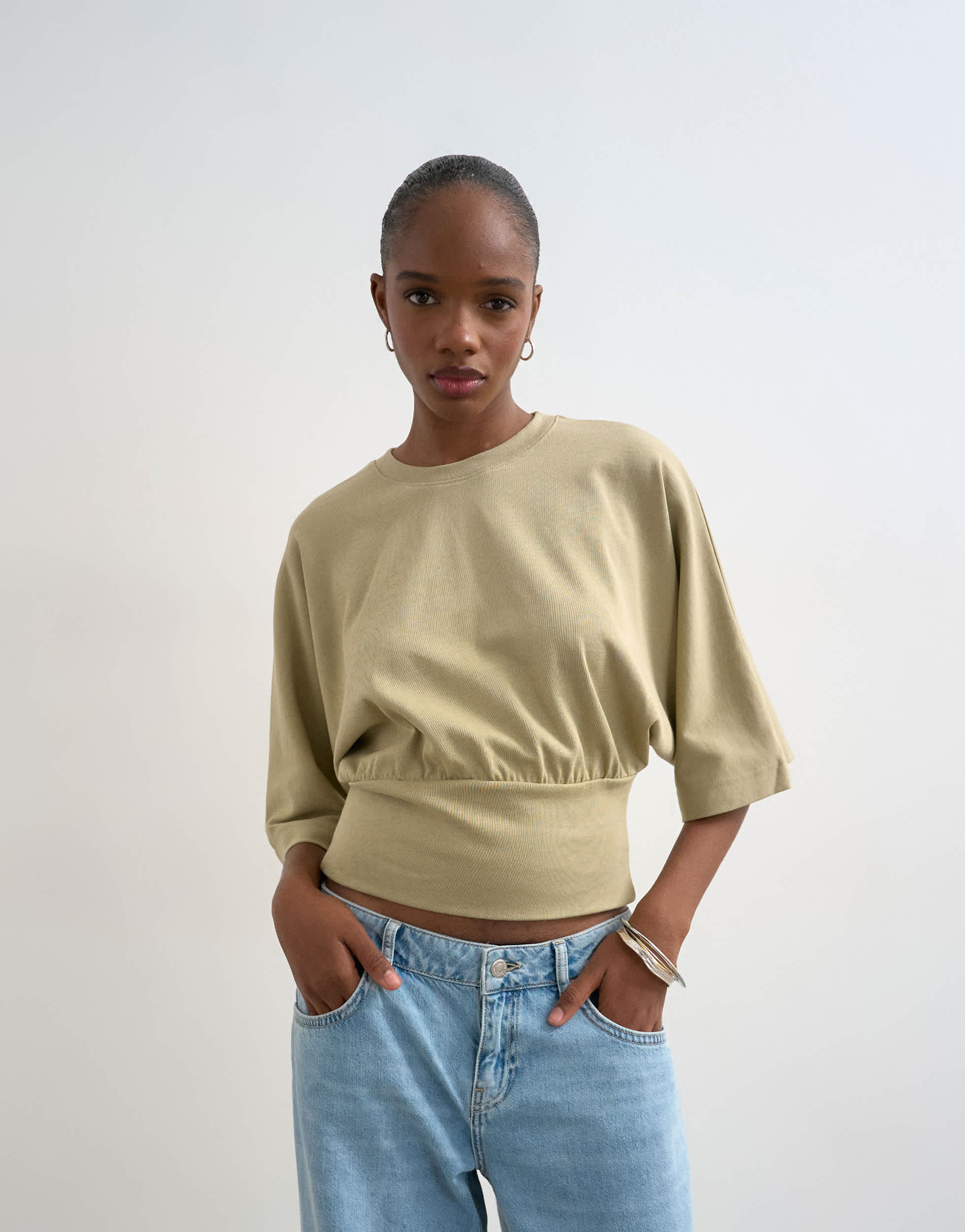 Topshop ruched cinch waist long sleeve top in light khaki