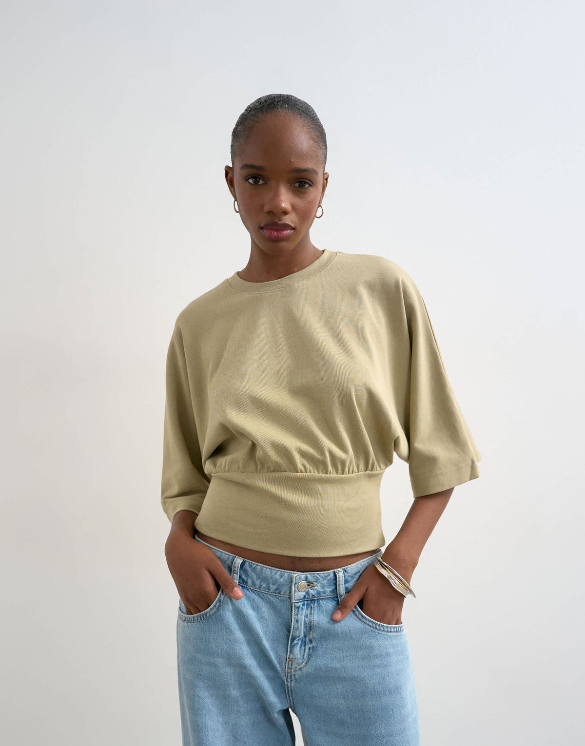 Topshop ruched cinch waist long sleeve top in light khaki