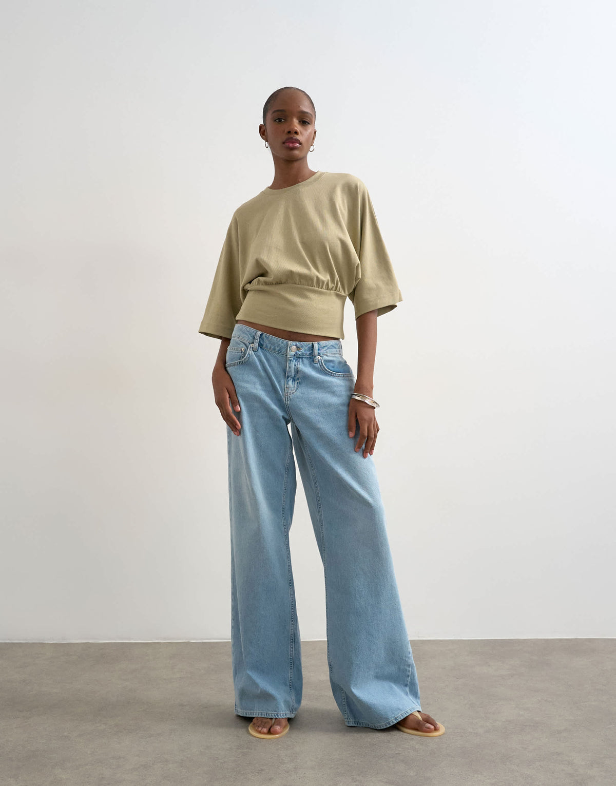 Topshop ruched cinch waist long sleeve top in light khaki