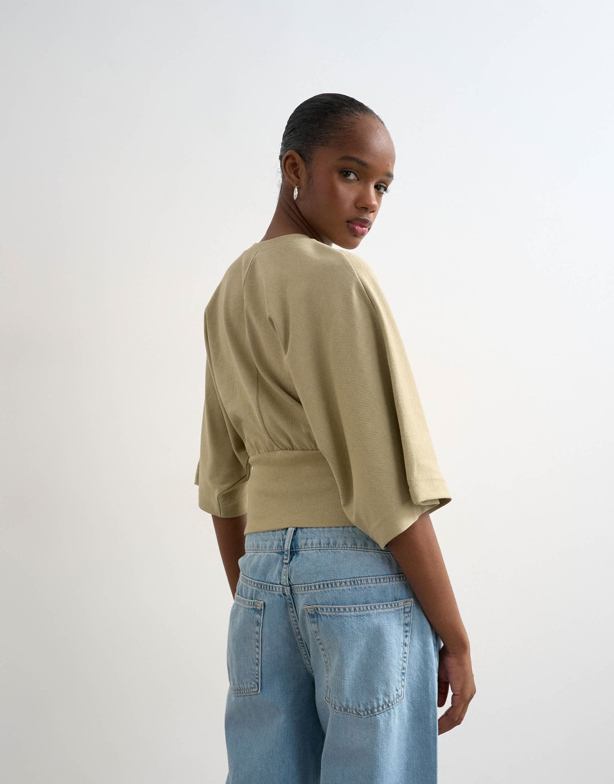 Topshop ruched cinch waist long sleeve top in light khaki