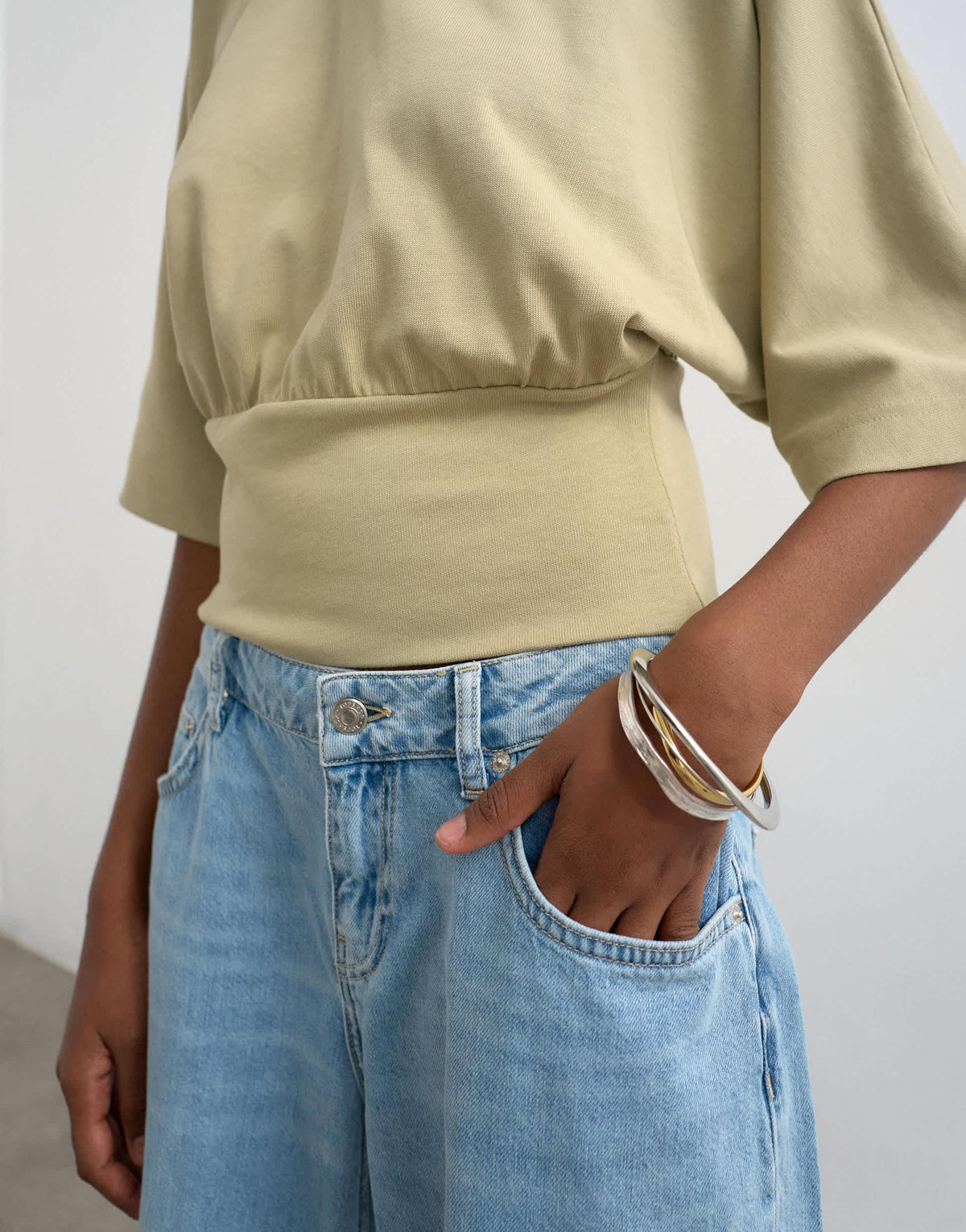 Topshop ruched cinch waist long sleeve top in light khaki