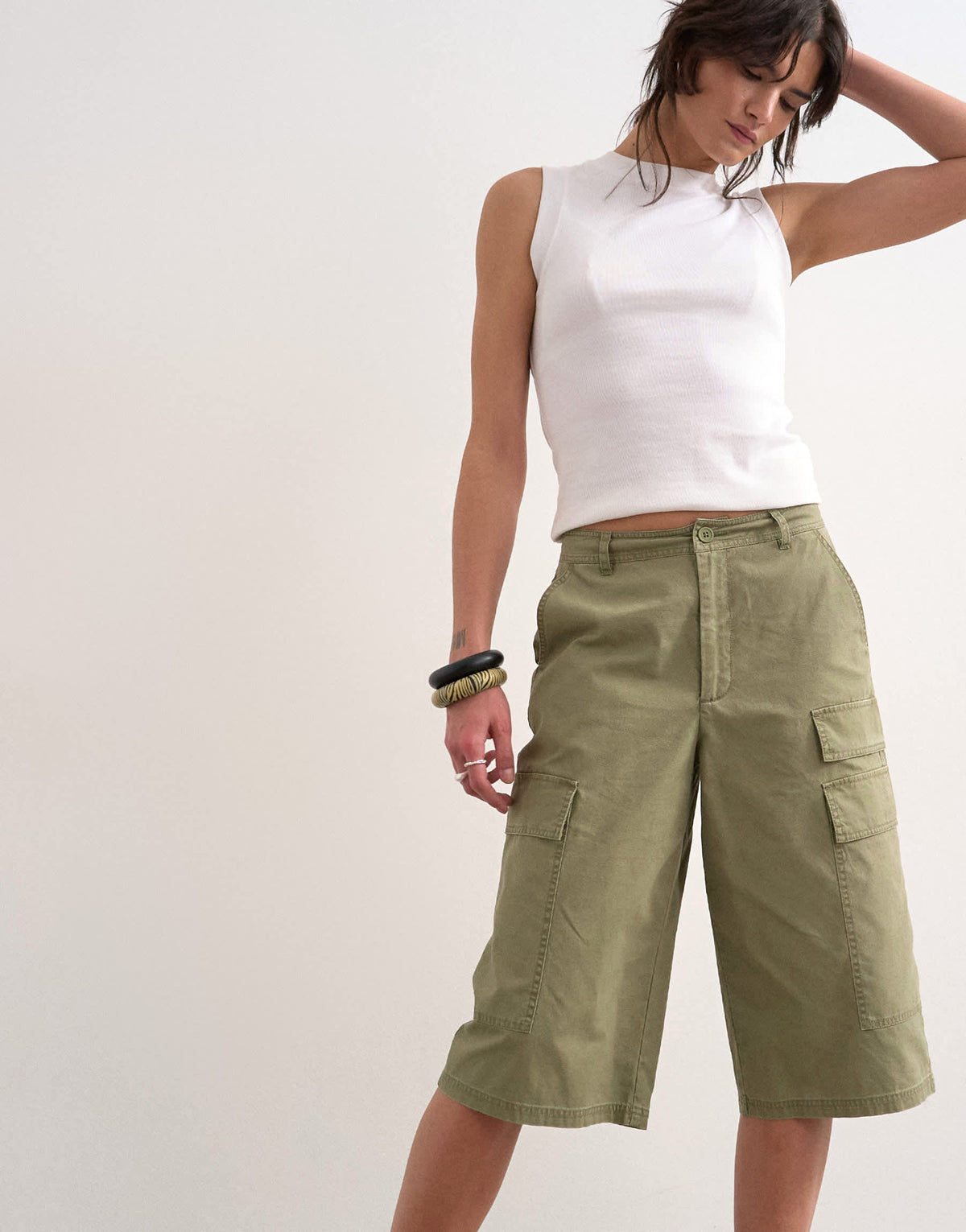 Topshop super longline ripstop cargo short in khaki