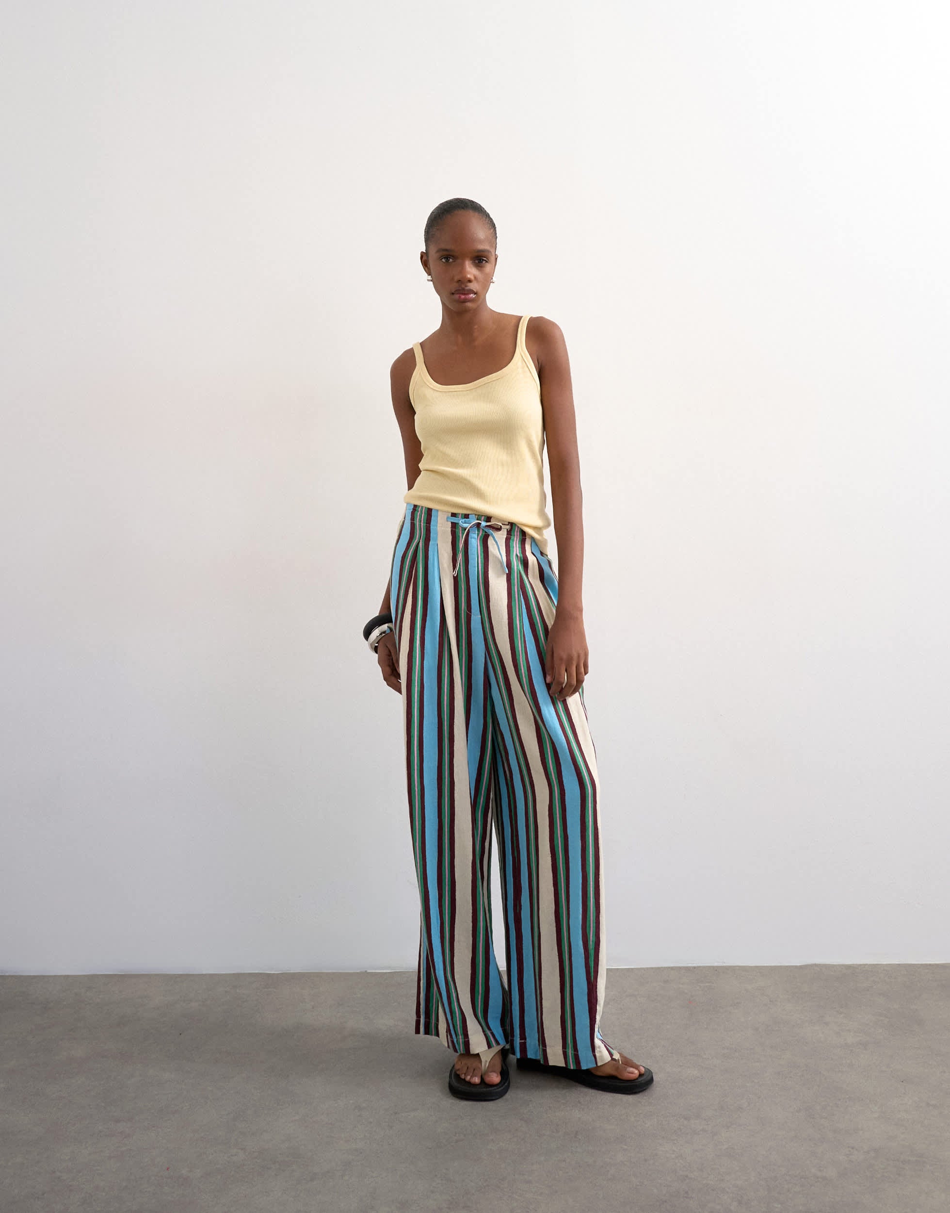Topshop linen balloon trouser with tie waist in verigated stripes