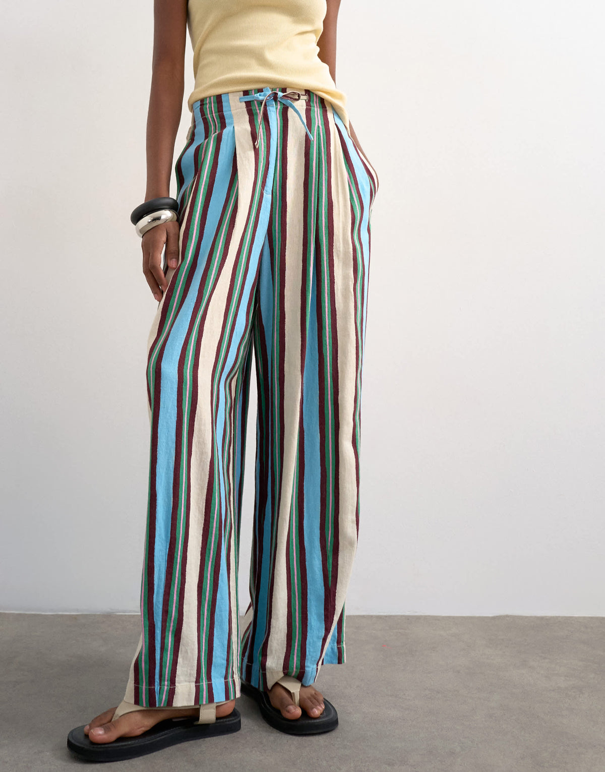 Topshop linen balloon trouser with tie waist in verigated stripes