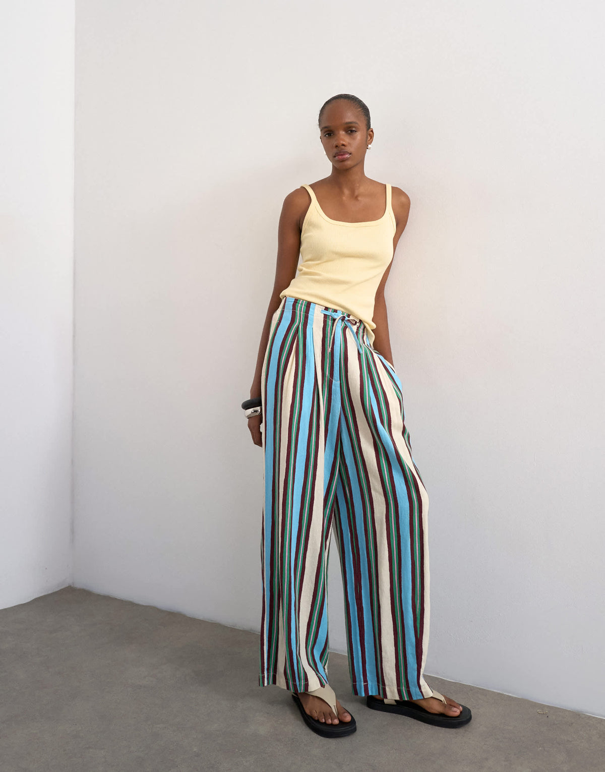 Topshop linen balloon trouser with tie waist in verigated stripes