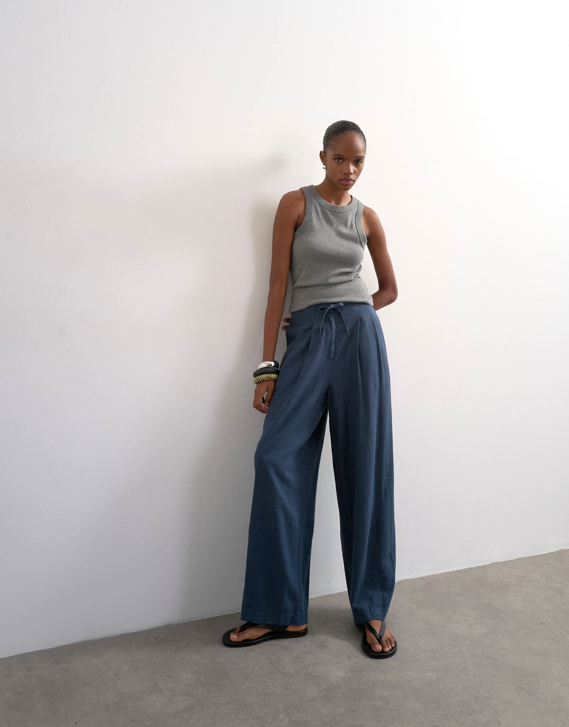 Topshop linen balloon trouser with tie waist in slate