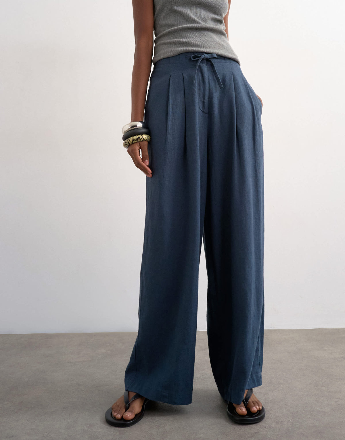 Topshop linen balloon trouser with tie waist in slate